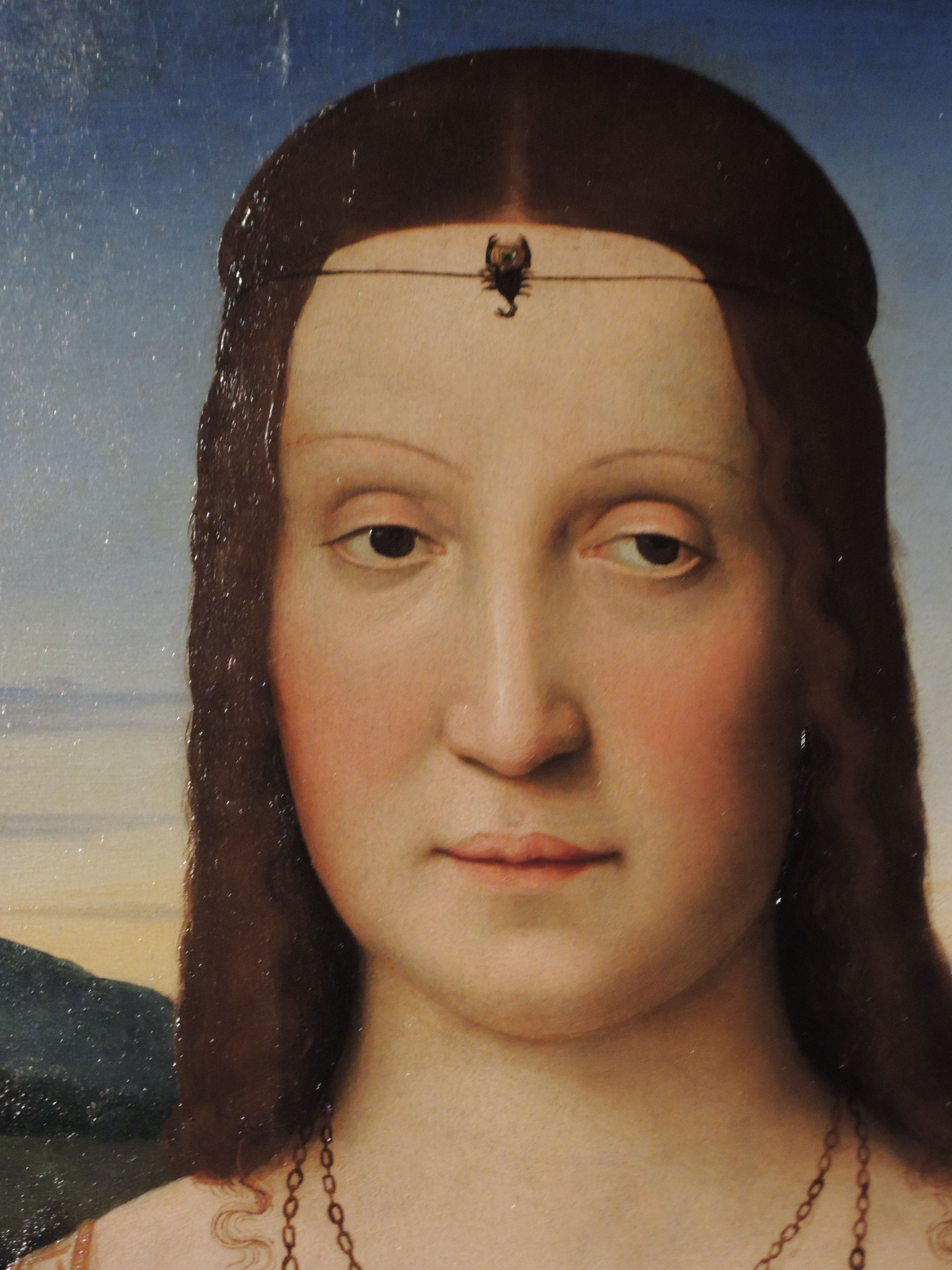 detail of portrait of Elisabetta Gonzaga by Raphael, 1504-1505. Uffizi Gallery Florence
