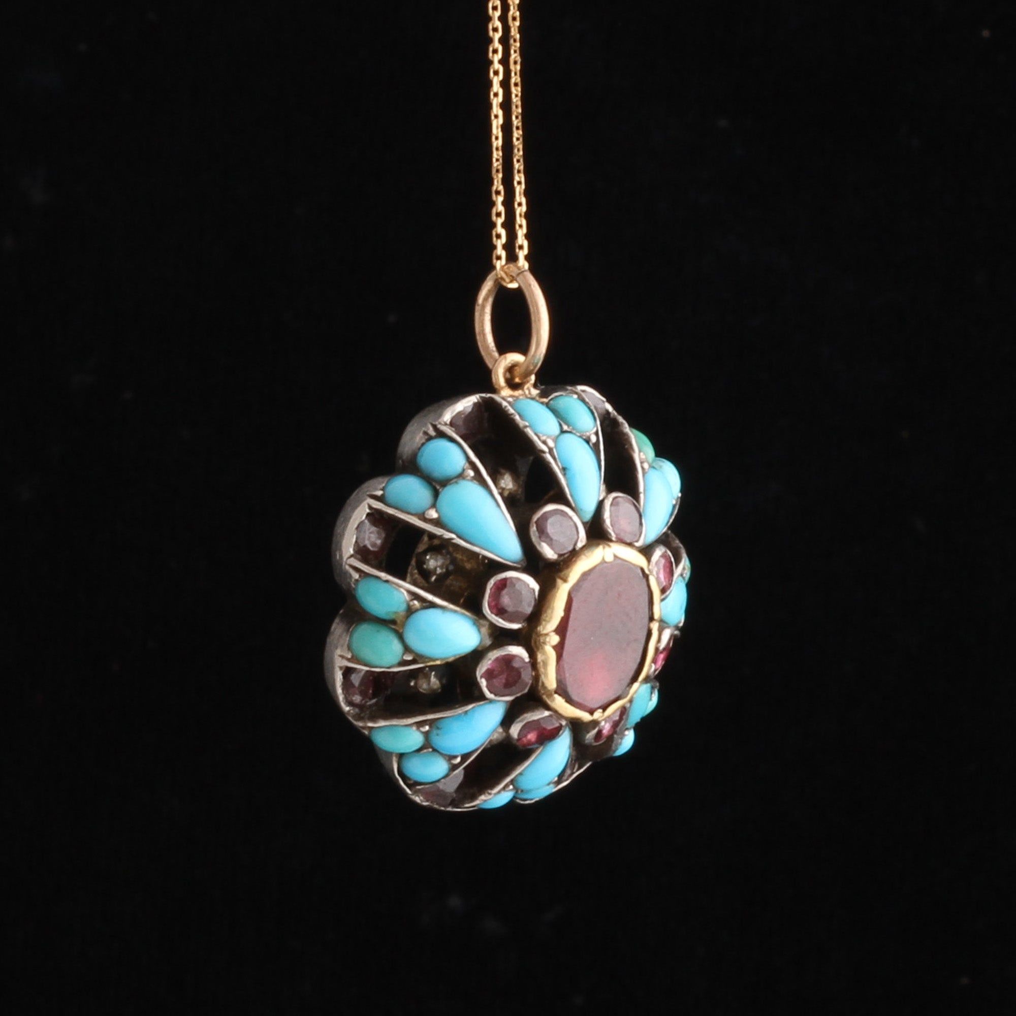Georgian Garnet, Diamond & Turquoise Cluster Pendant
