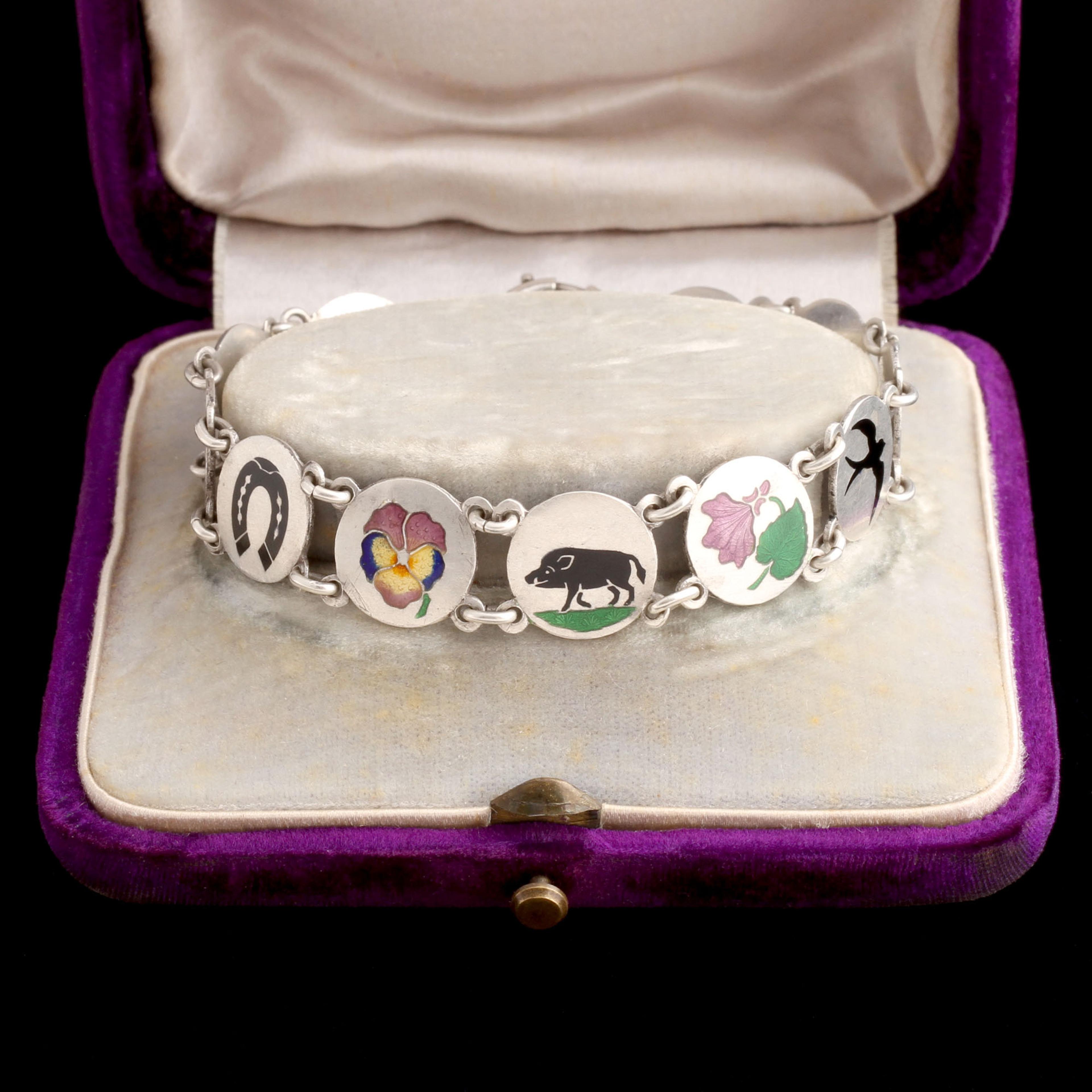 1930s Silver & Enamel Talisman Bracelet