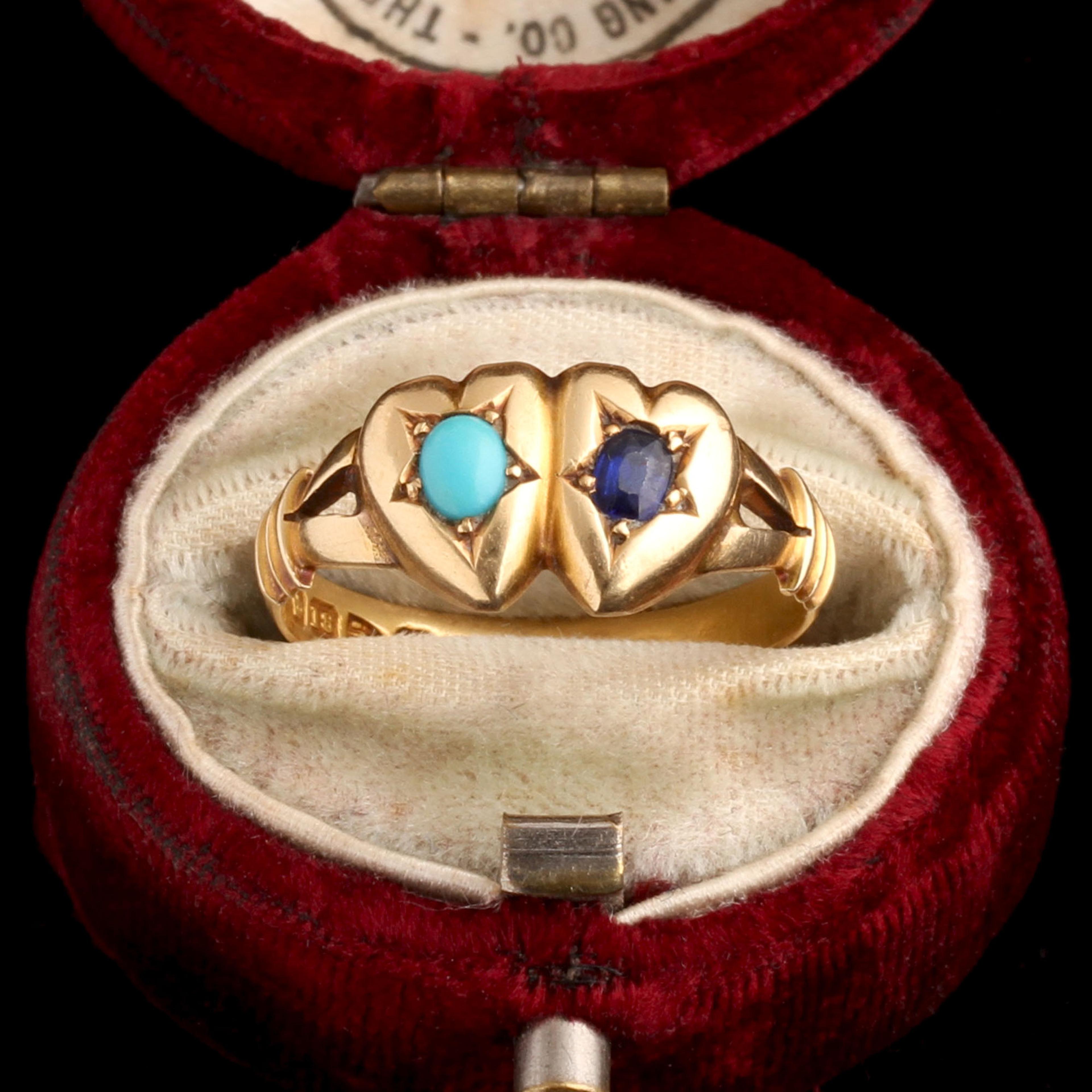 Late Victorian Turquoise & Sapphire Twin Heart Ring