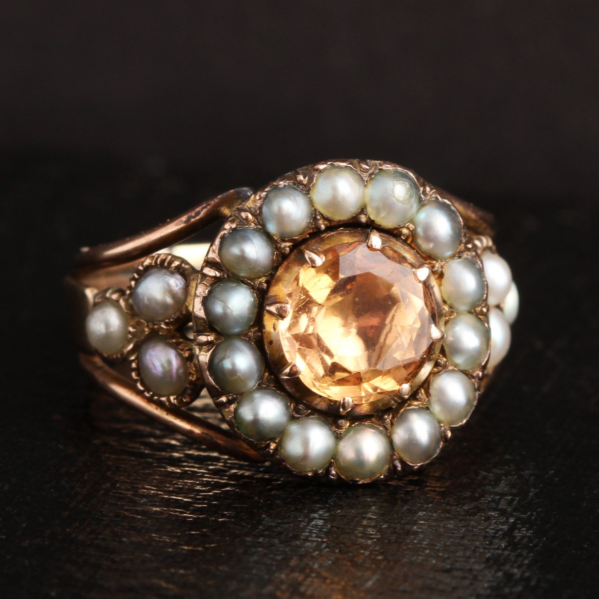 Georgian Topaz and Seed Pearl Cluster Ring