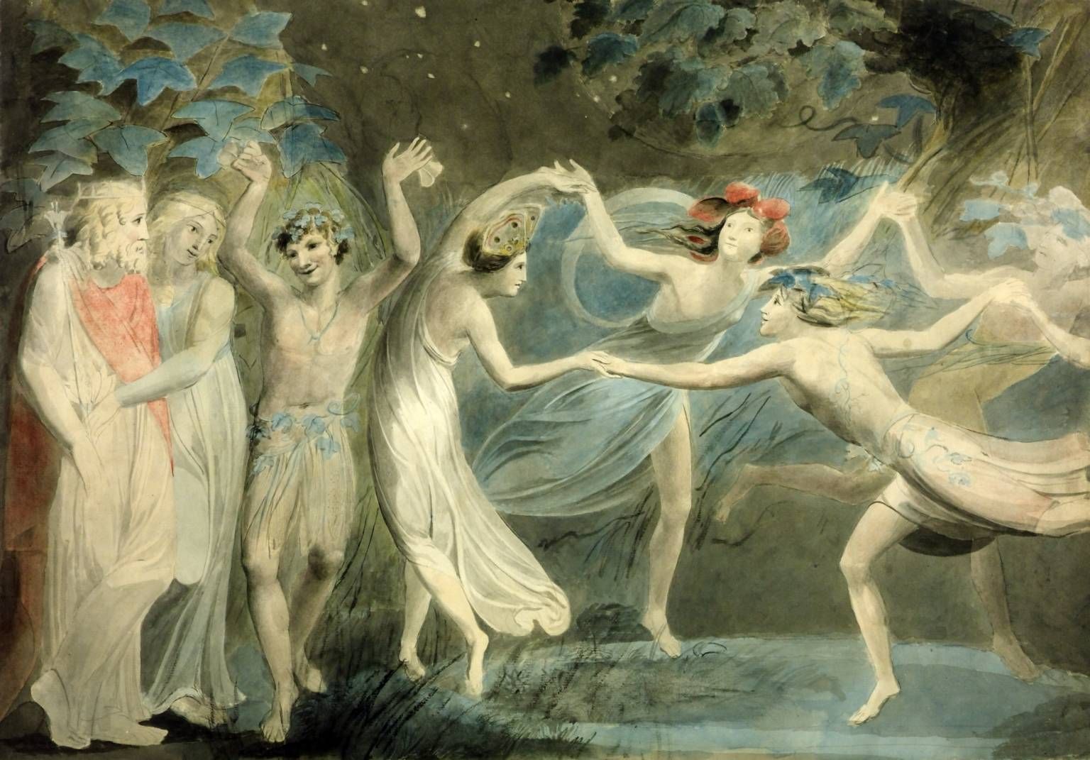 A painting of "Oberon, Titania and Puck with Fairies Dancing" by William Blake, c. 1786