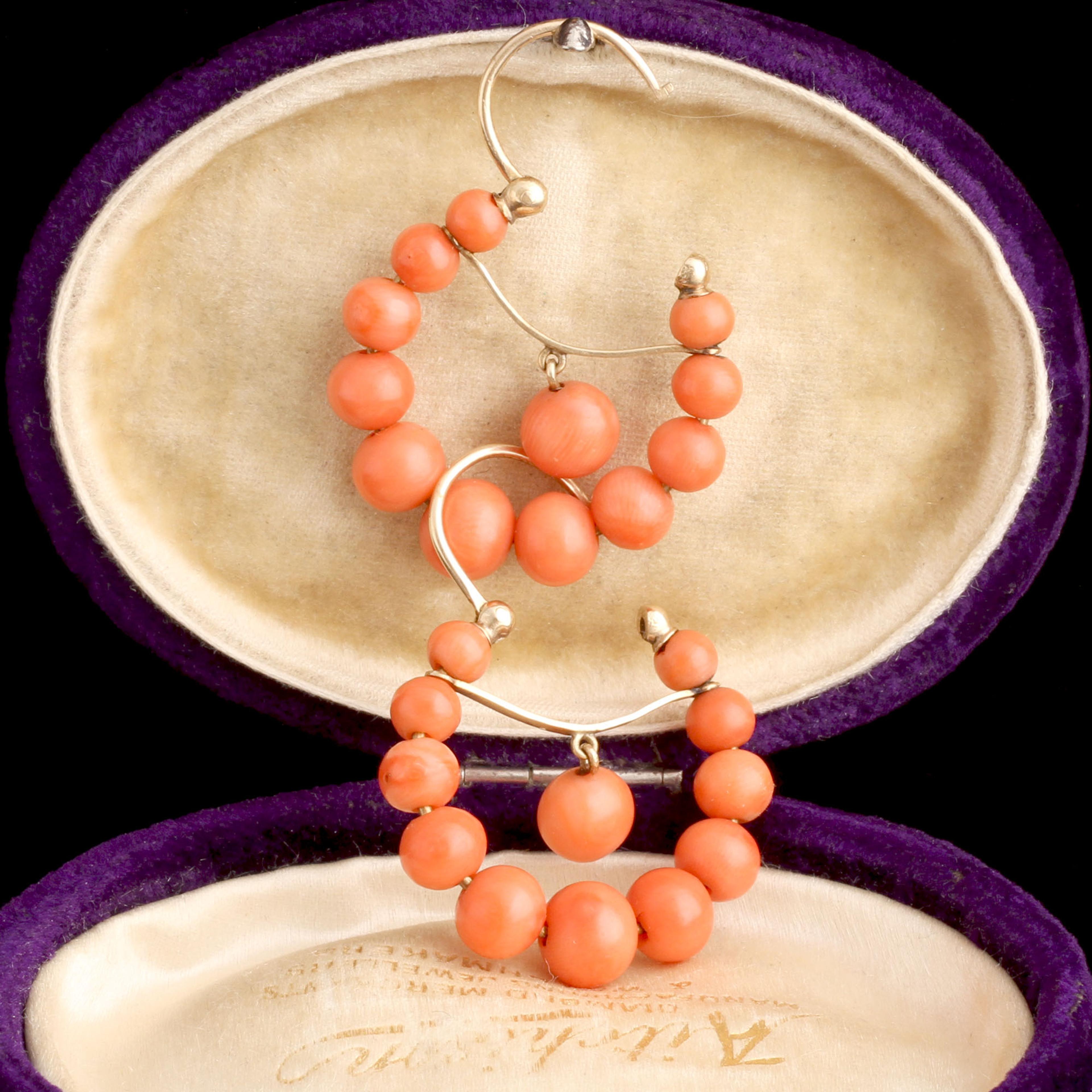 Late 19th Century Italian Coral Bead Hoop Earrings