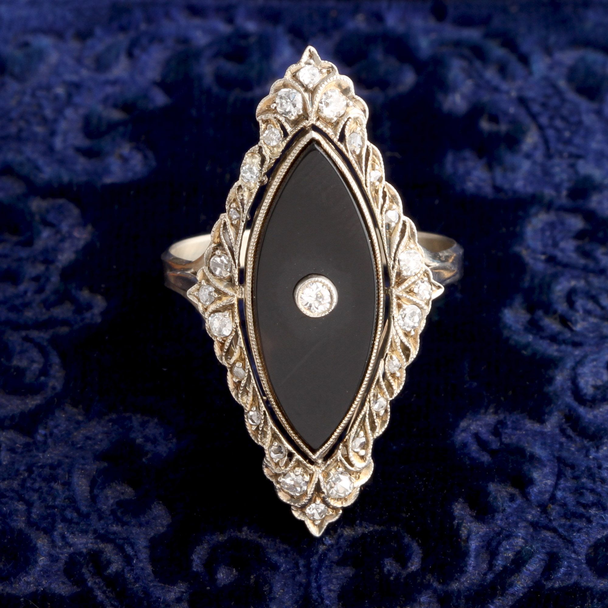 Art Deco Onyx & Diamond Navette Ring