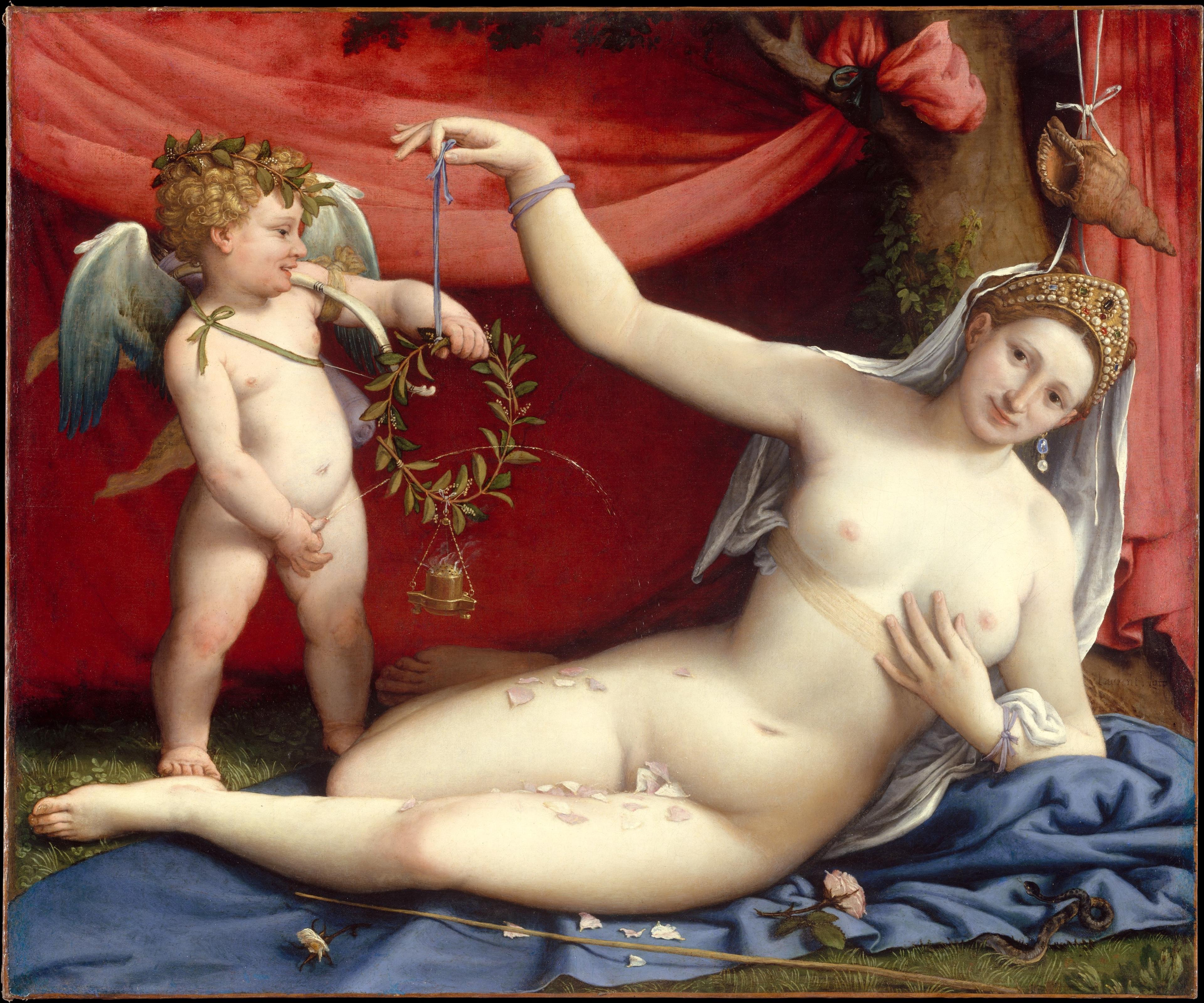 Cupid peeing on his mom, Venus (any boy moms relate?). This was a marriage painting and the knotted cloth around the breasts were known as a strophion. This is a Renaissance nod to clothing in Ancient Greece and Rome, when the groom untied it after the wedding. Venus and Cupid by Lorenzo Lott, 1520s. The Metropolitan Museum of Art.