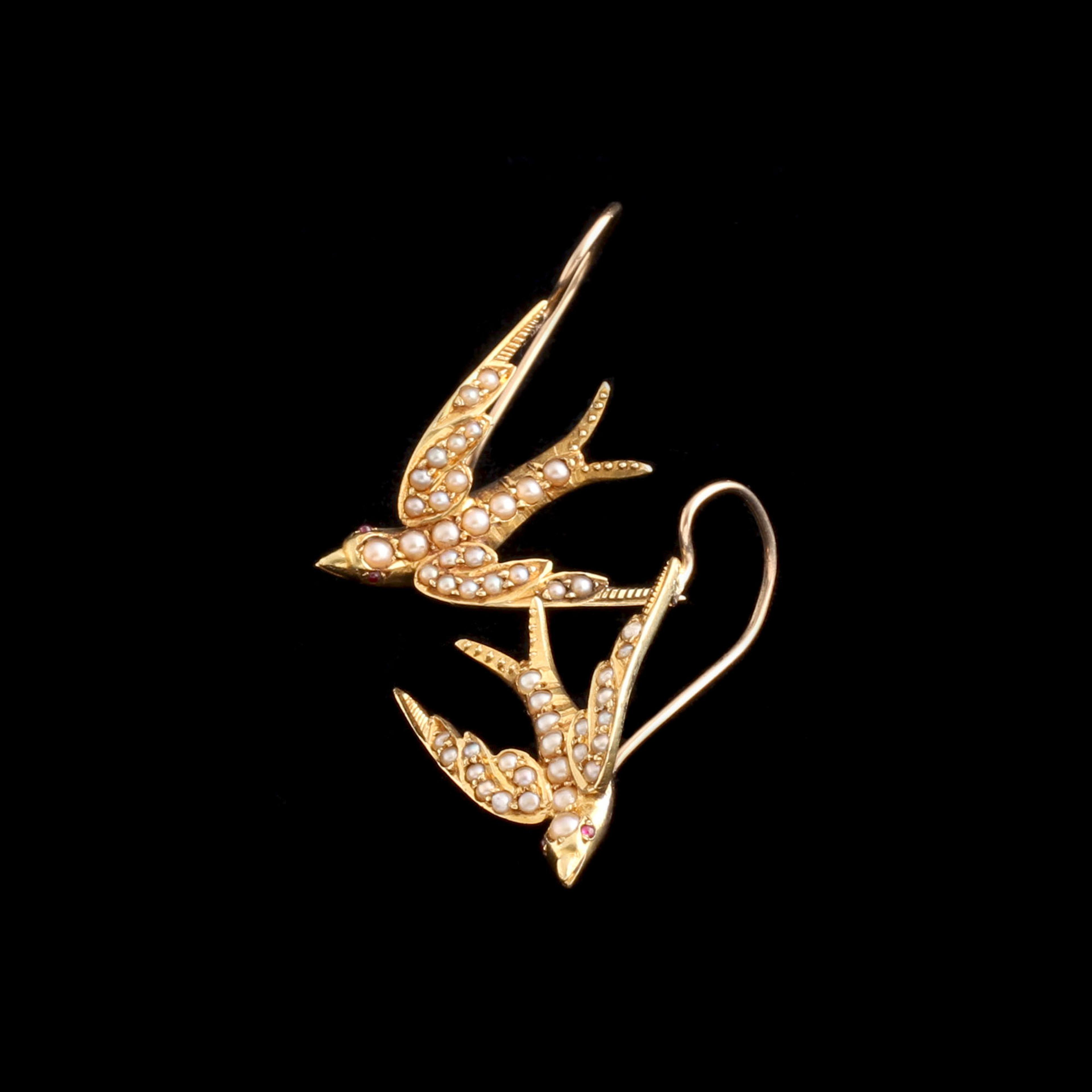 Edwardian Garnet-Eyed Pearl Swallow Earrings