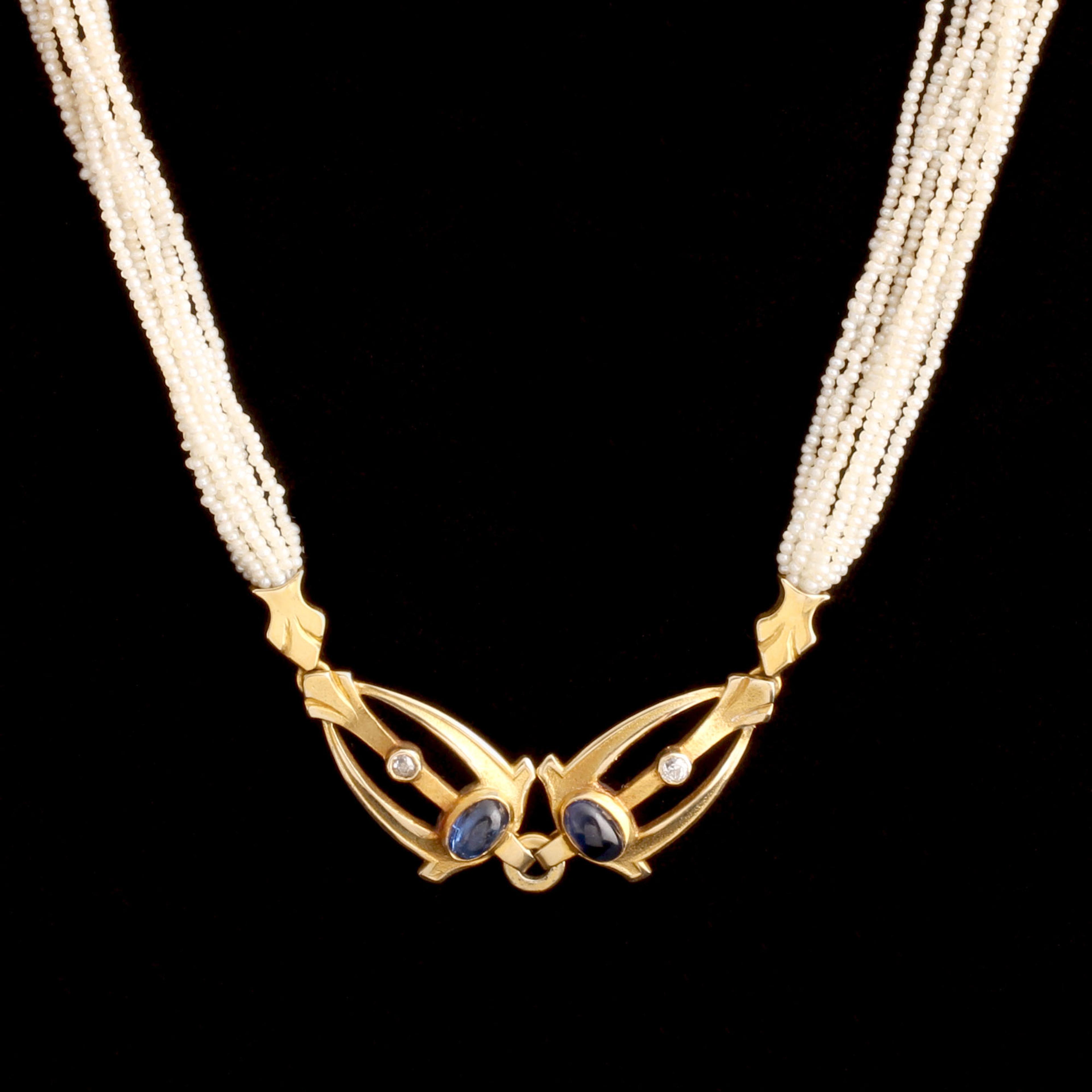 Early Deco Sapphire & Diamond Seed Pearl Strands Necklace
