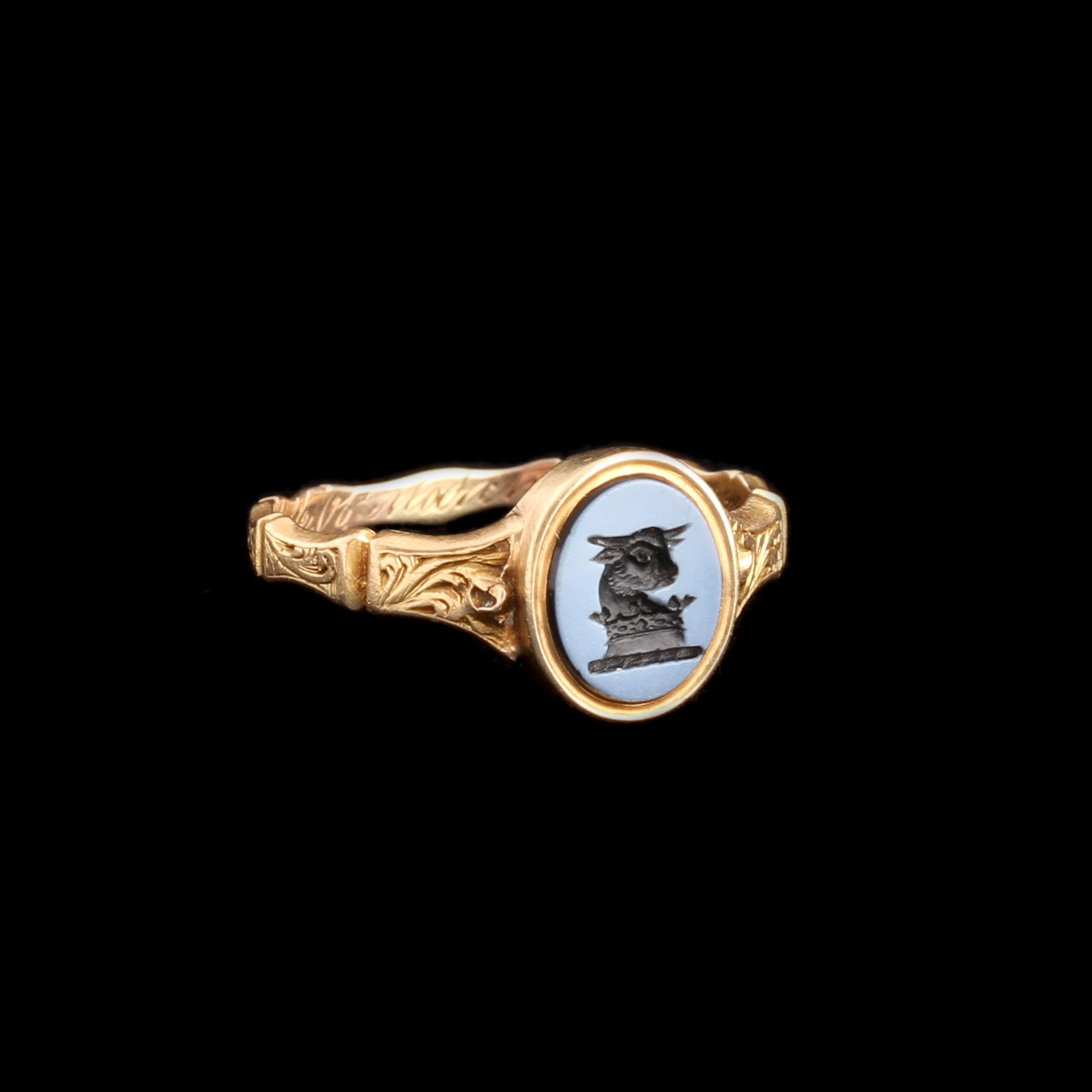 Victorian Bull & Coronet Intaglio Mourning Ring
