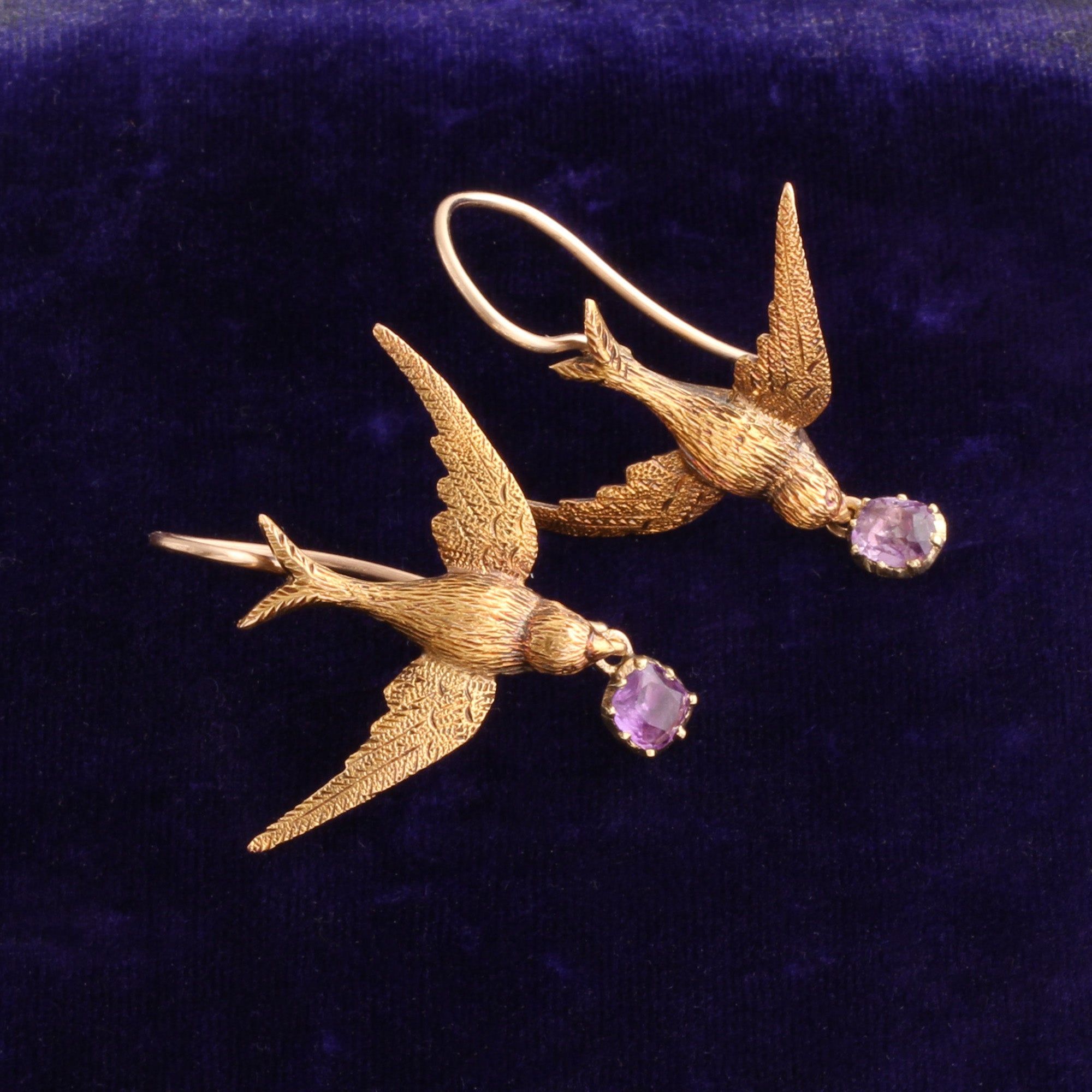 Victorian Swallow Earrings with Pendant Amethysts
