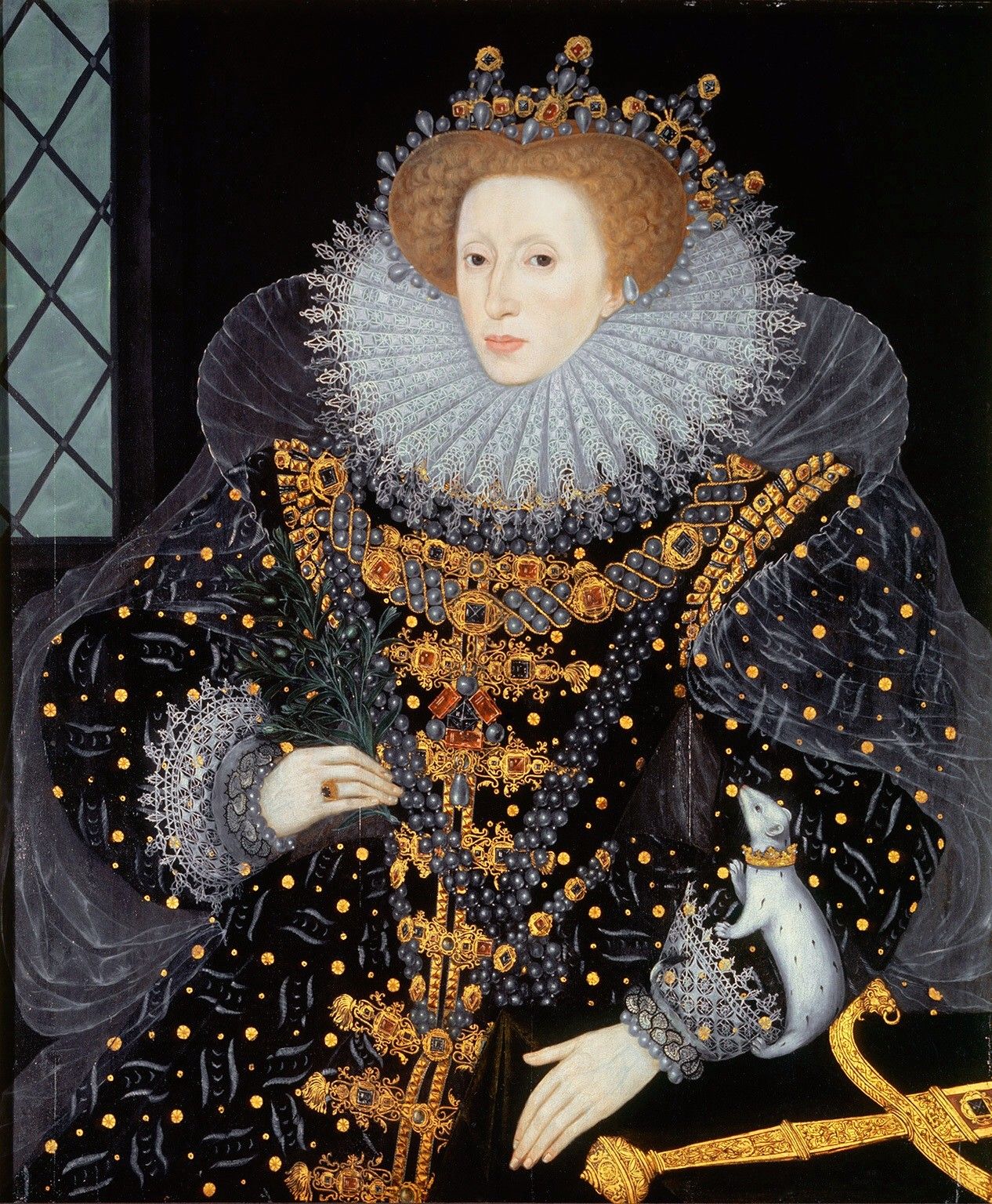even the ermine is wearing pearls in this portrait of pearl-bedecked Queen Elizabeth I. The Ermine Portrait, attributed to William Segar or George Gower, 1585.