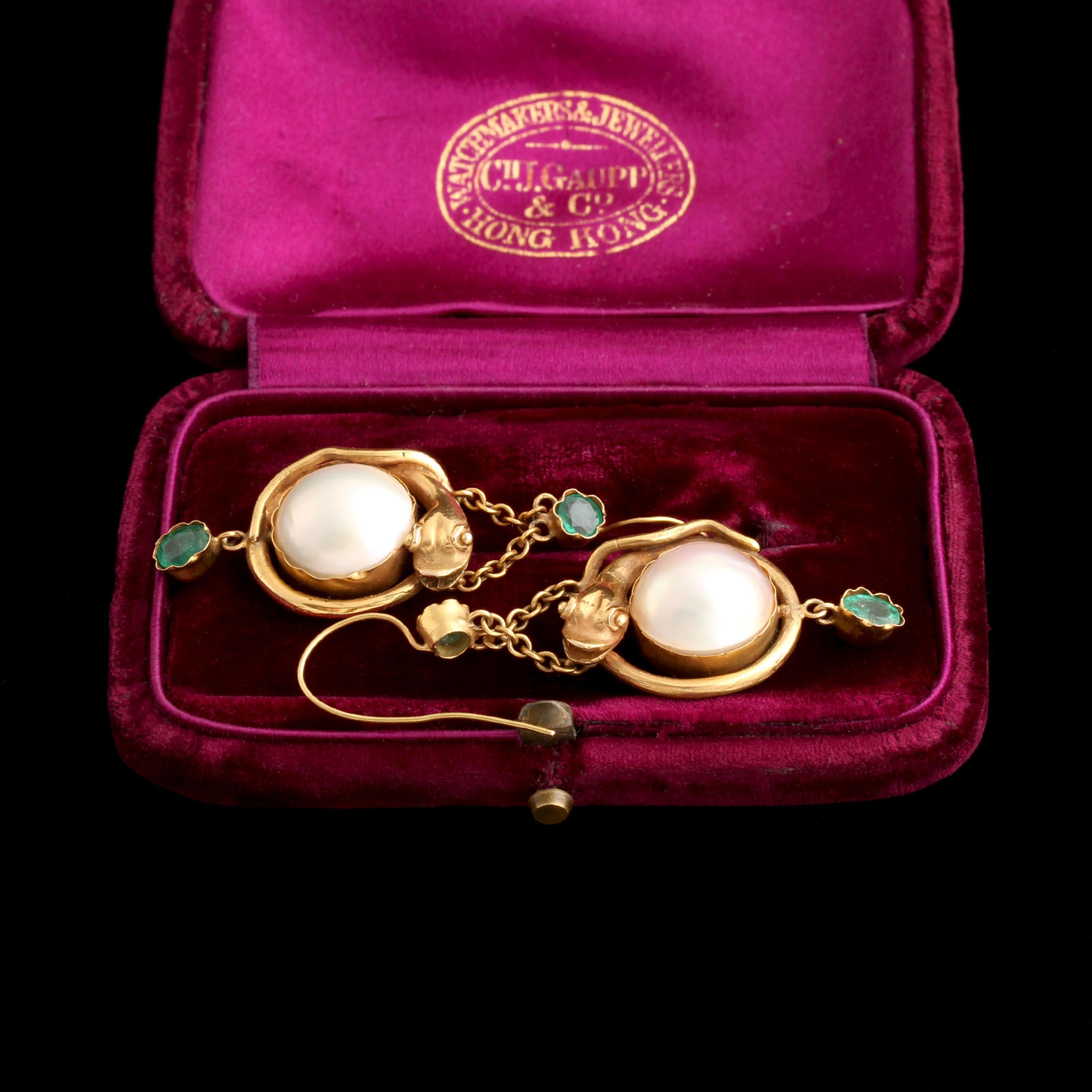 Mid Victorian Emerald & Nacre Snake Earrings