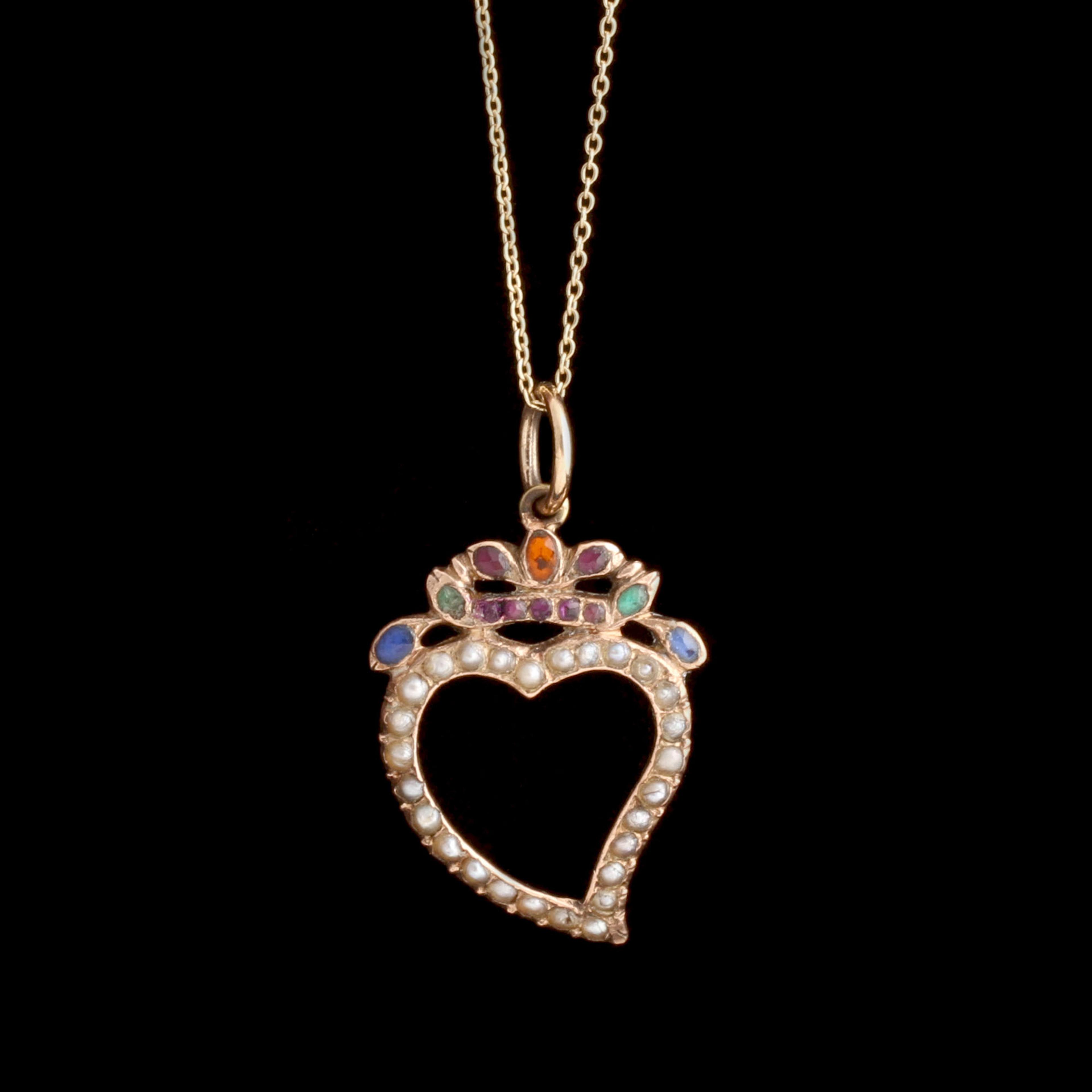 Georgian Pearl, Paste & Gemstone Witch's Heart Necklace