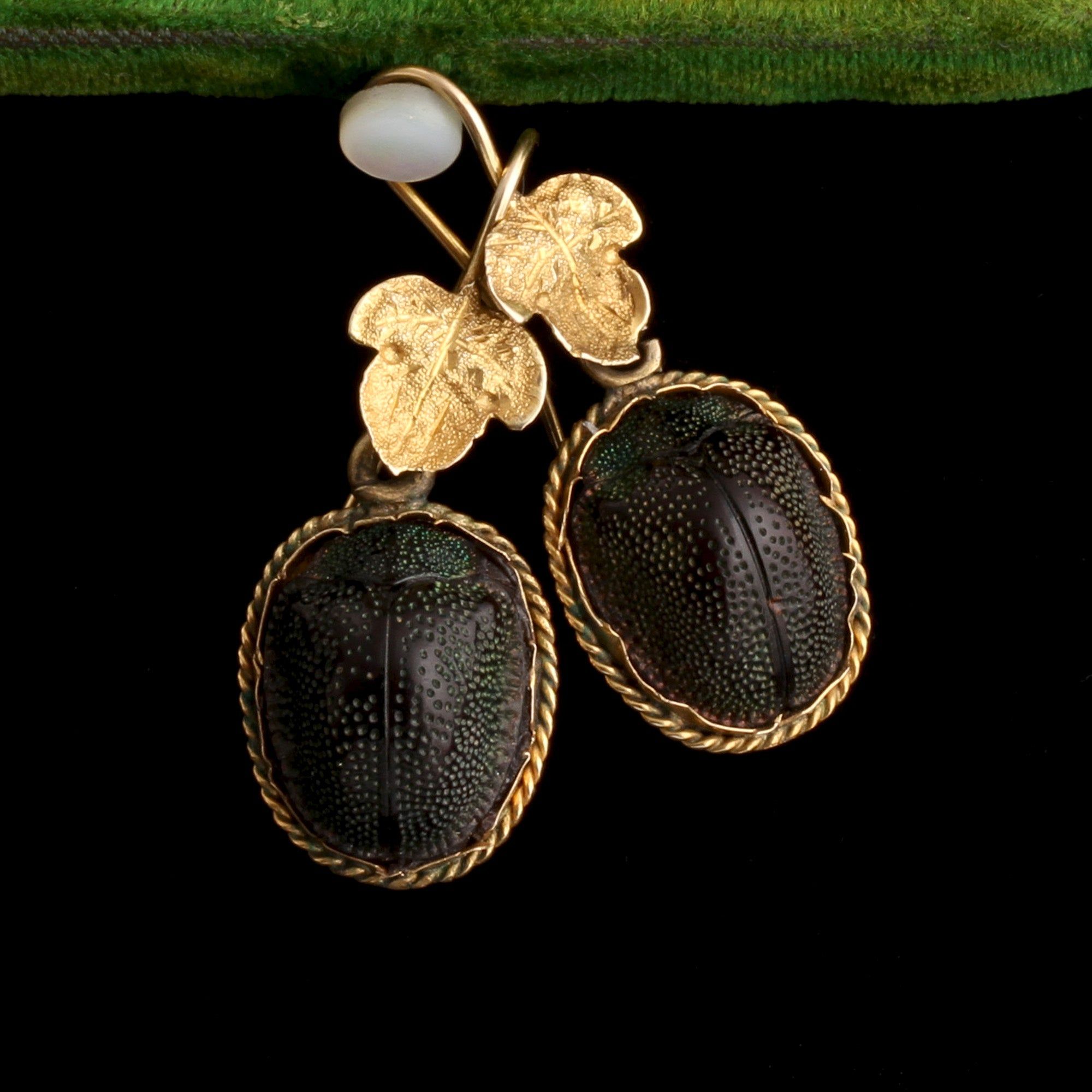 Victorian Scarab Beetle Leaf Earrings