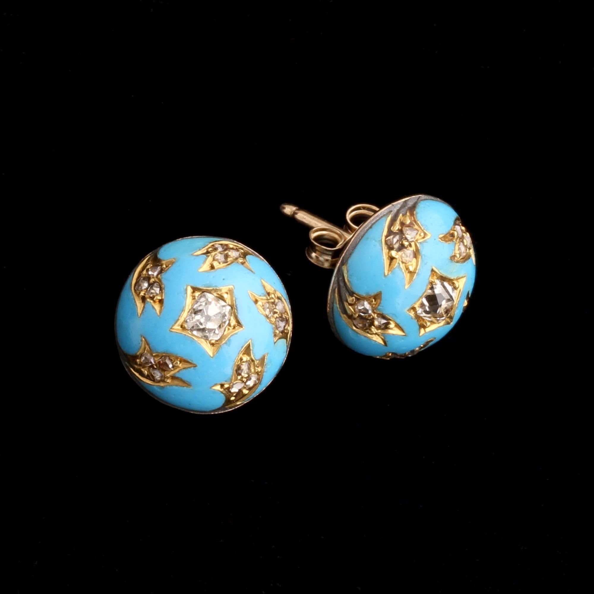 Victorian Blue Enamel & Diamond Domed Stud Earrings
