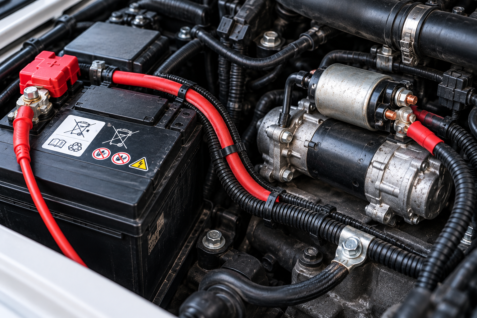 Kontrollera kablar jord och anslutningar mellan batteri och startmotor