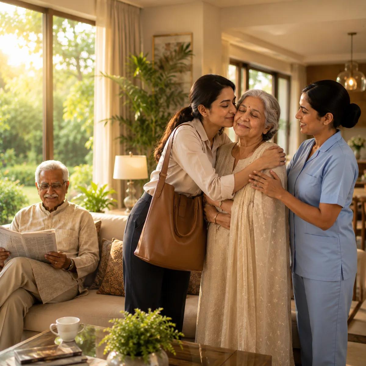 A daughter embracing her mother, with a carer beside them, at Eternal Elder Care in Hyderabad