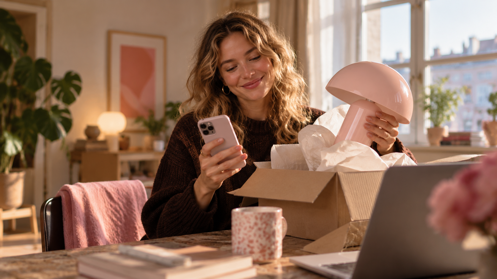 Kvinde pakker en ny lampe ud og kigger på sin telefon