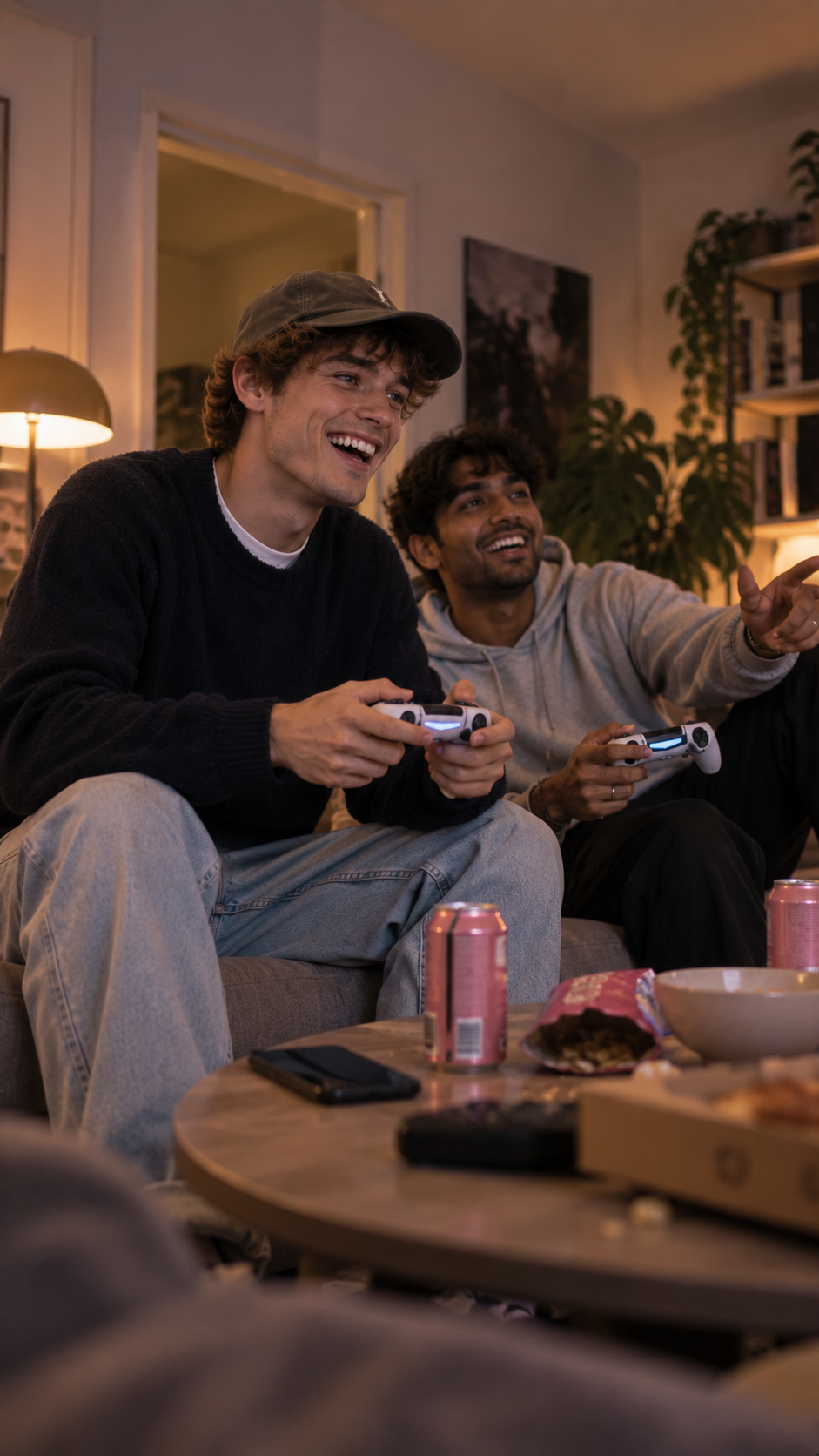 To venner spiller på spillekonsol i sofaen