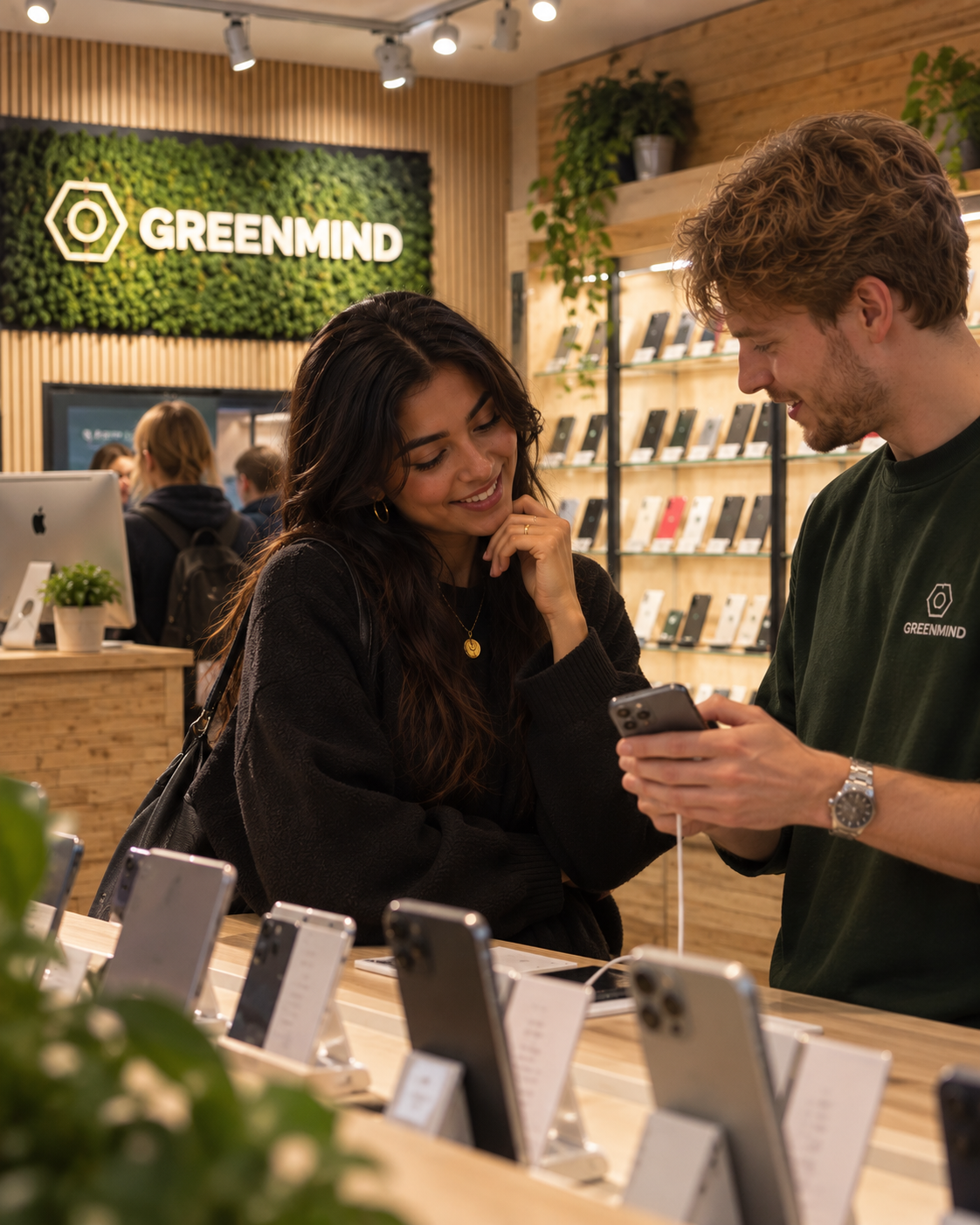 Ekspedient hjælper en kunde med en telefon i butikken
