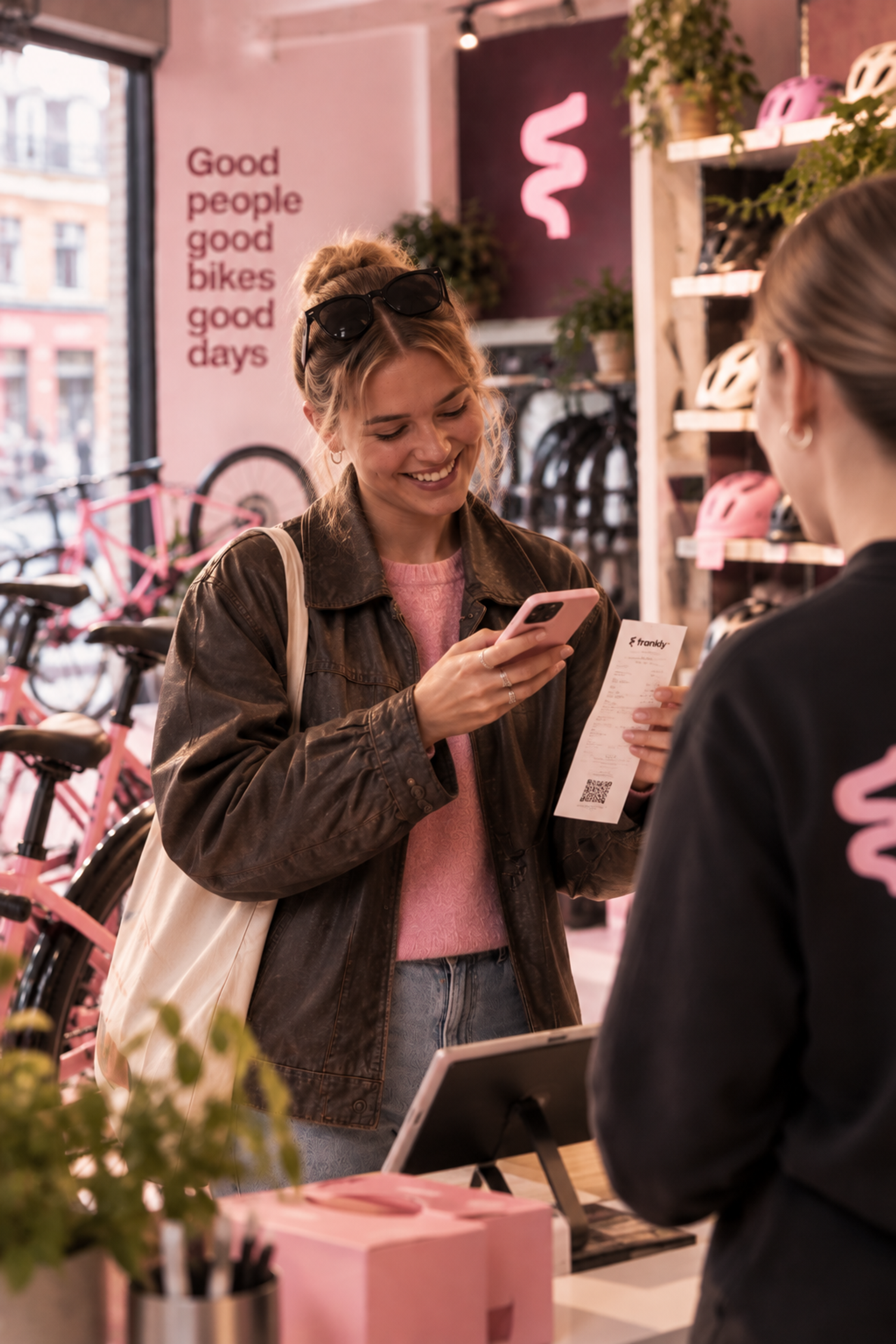 Kvinde køber en pink cykel i en cykelbutik og får kvitteringen