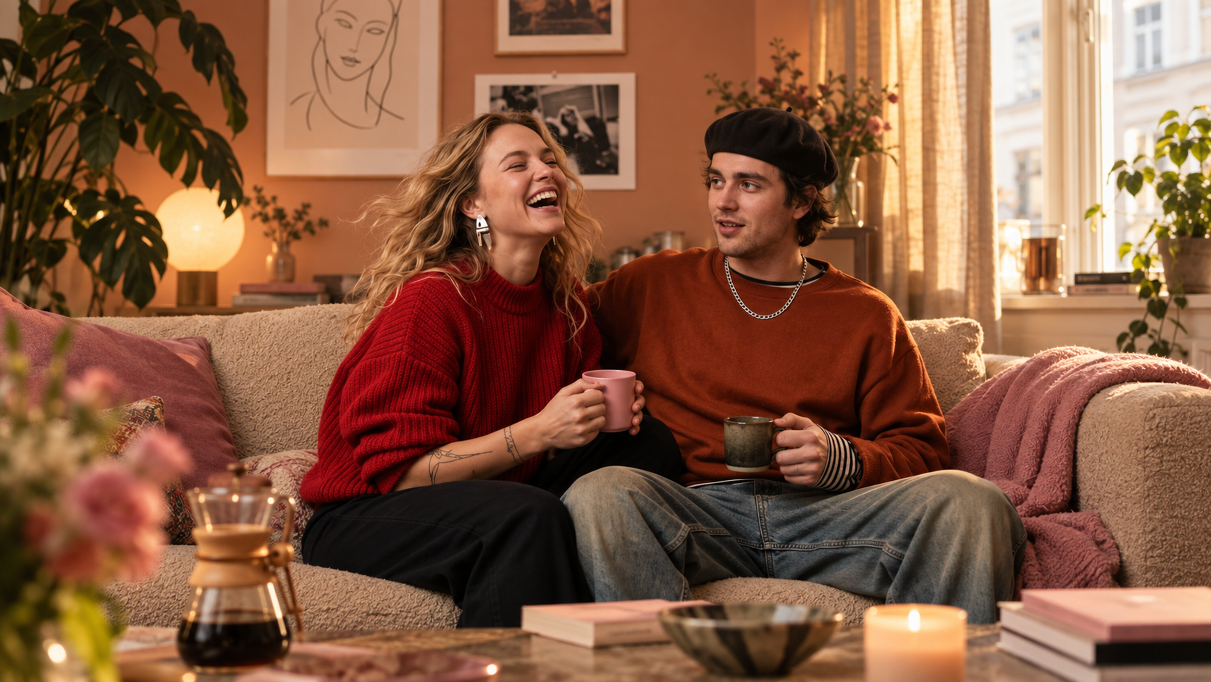 Par sidder i sofaen derhjemme med kaffe
