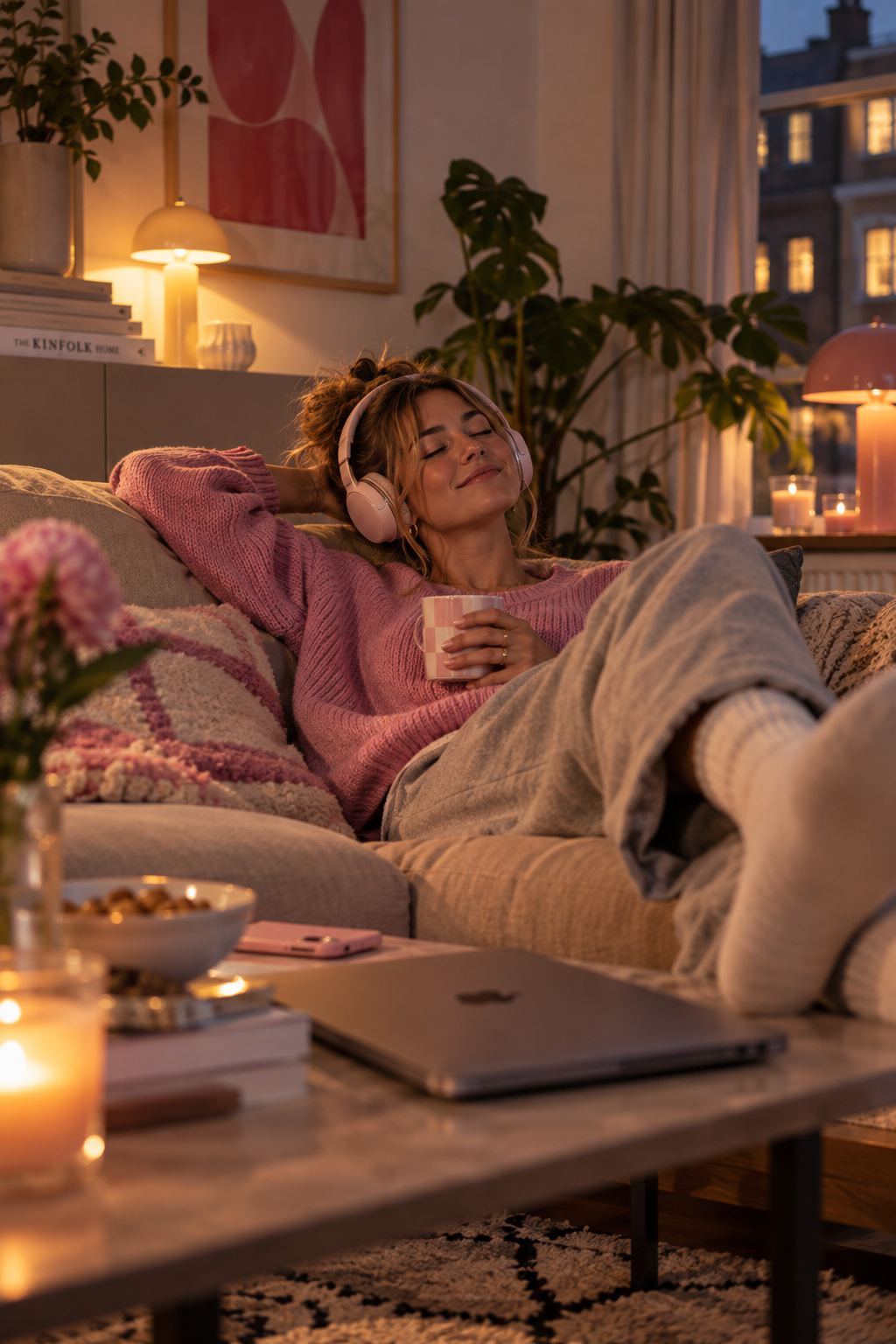 Kvinde læner sig tilbage på sofaen med kaffe og høretelefoner