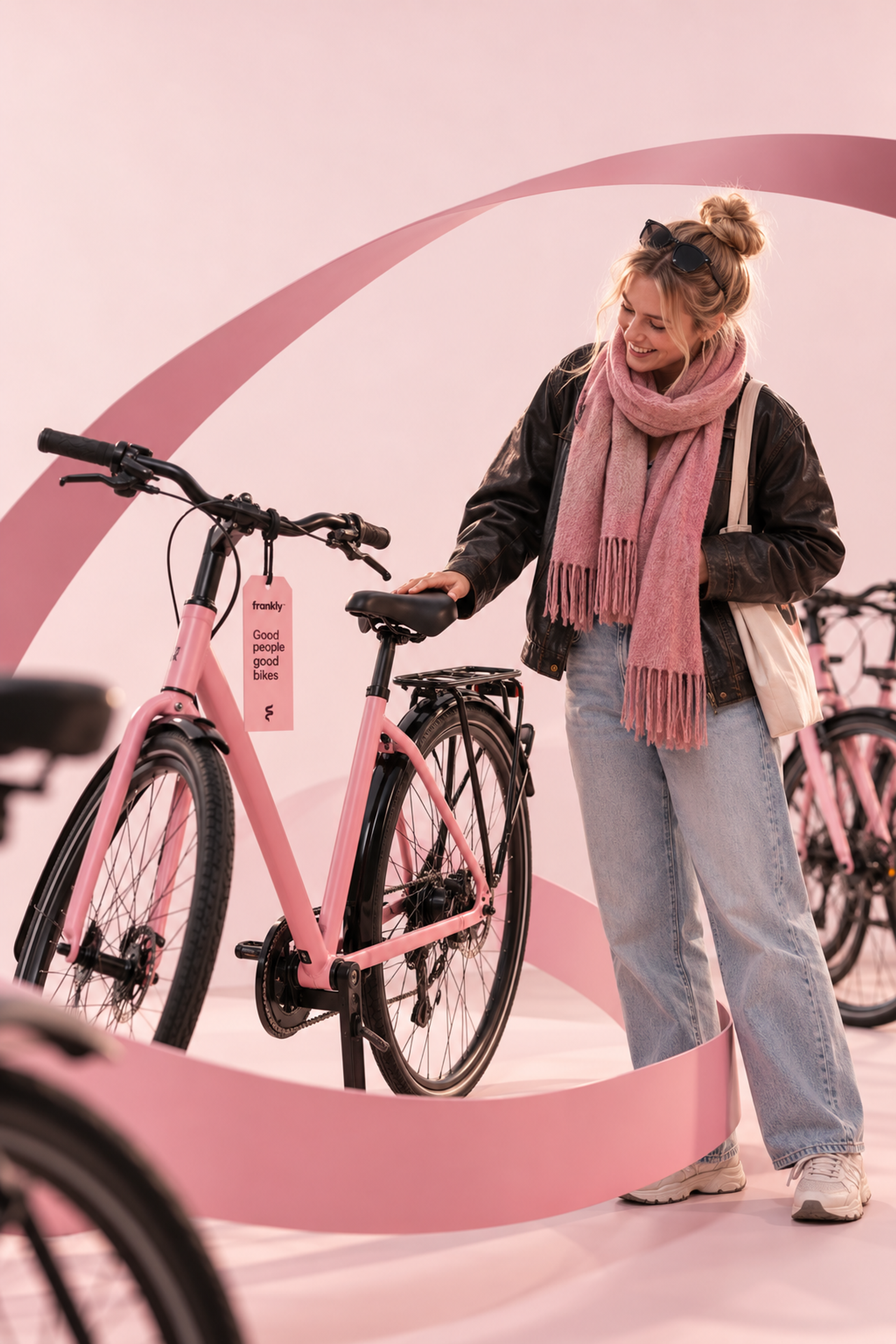 Kvinde står ved en ny pink cykel med Frankly-mærke