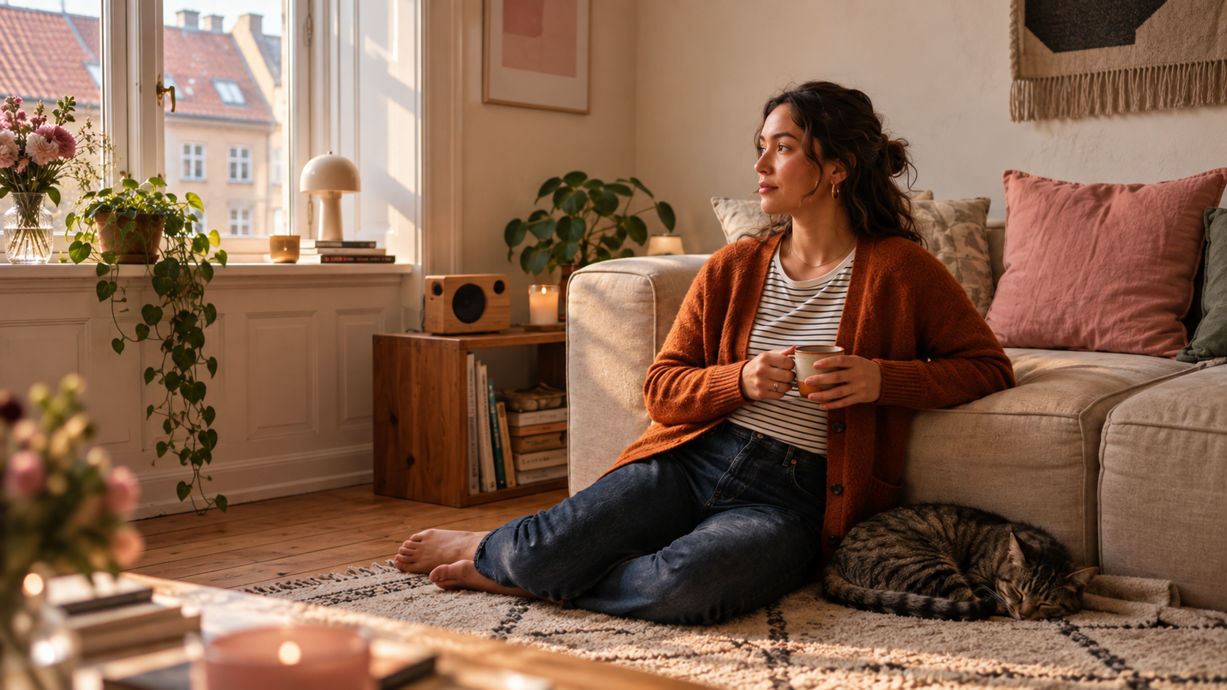 Kvinde sidder på gulvet ved sofaen med en kop i hånden