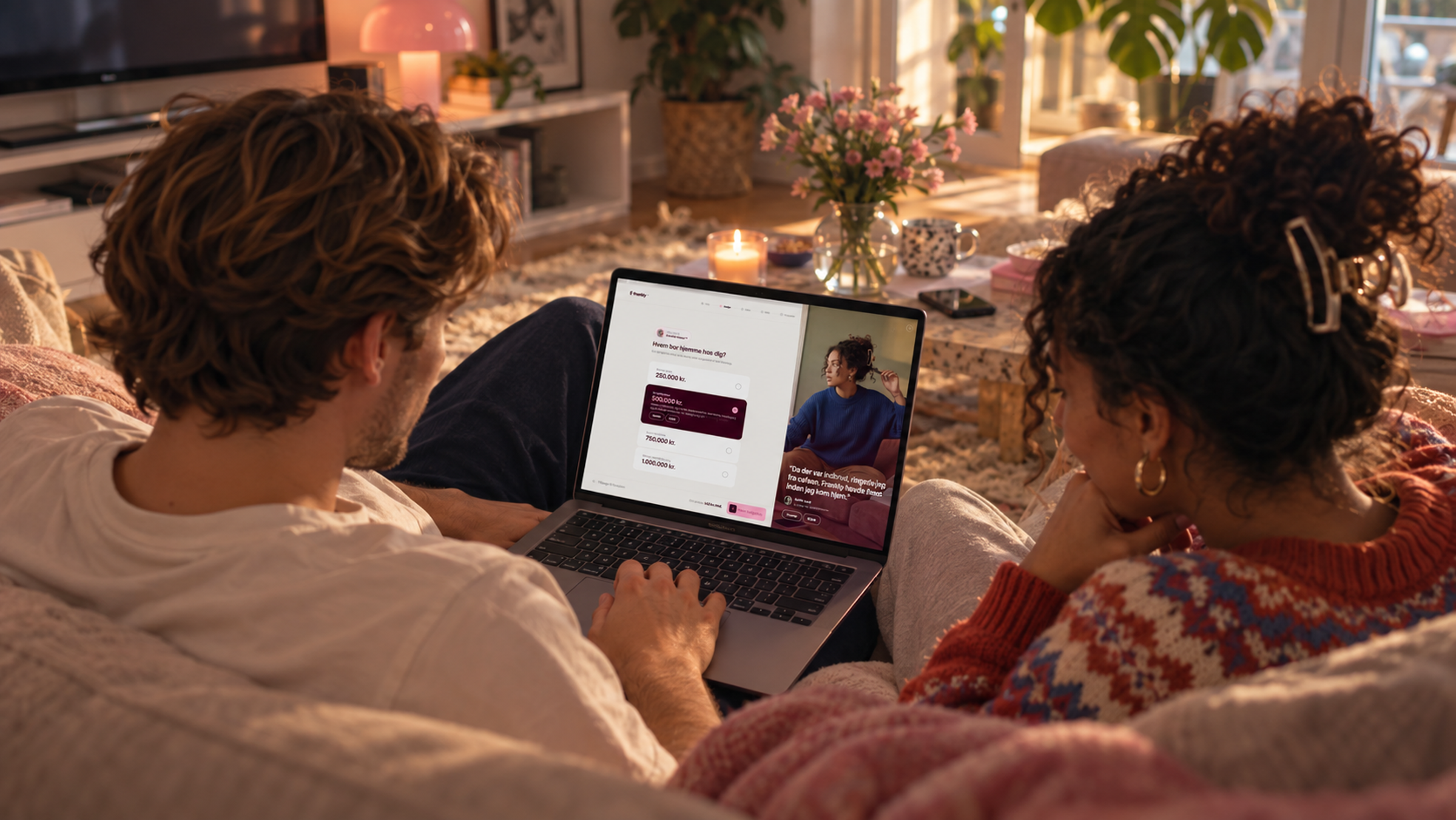 Par i sofaen udfylder Frankly Home på en bærbar computer
