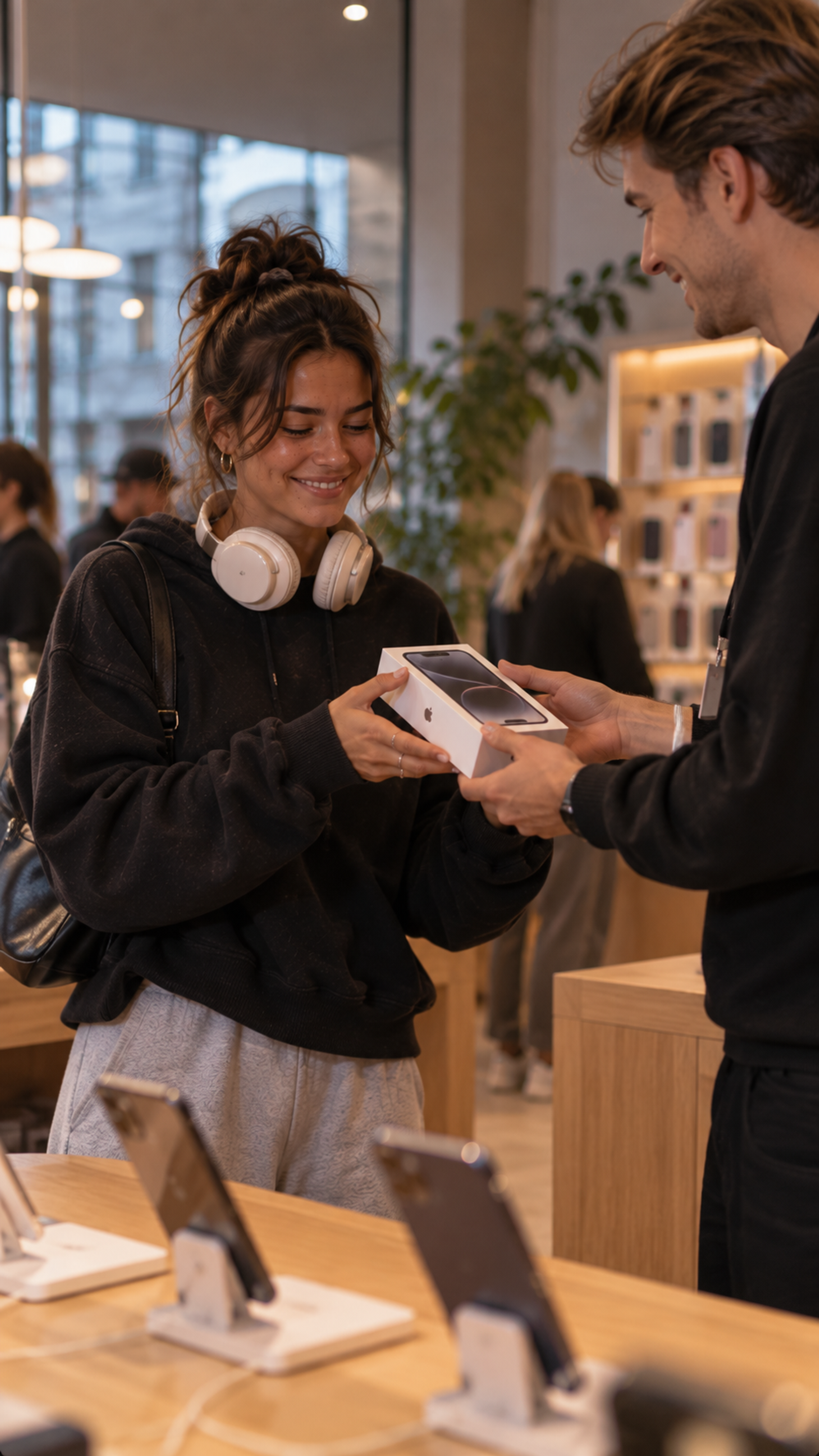 Kvinde får en ny telefon i æsken af en ekspedient i butikken