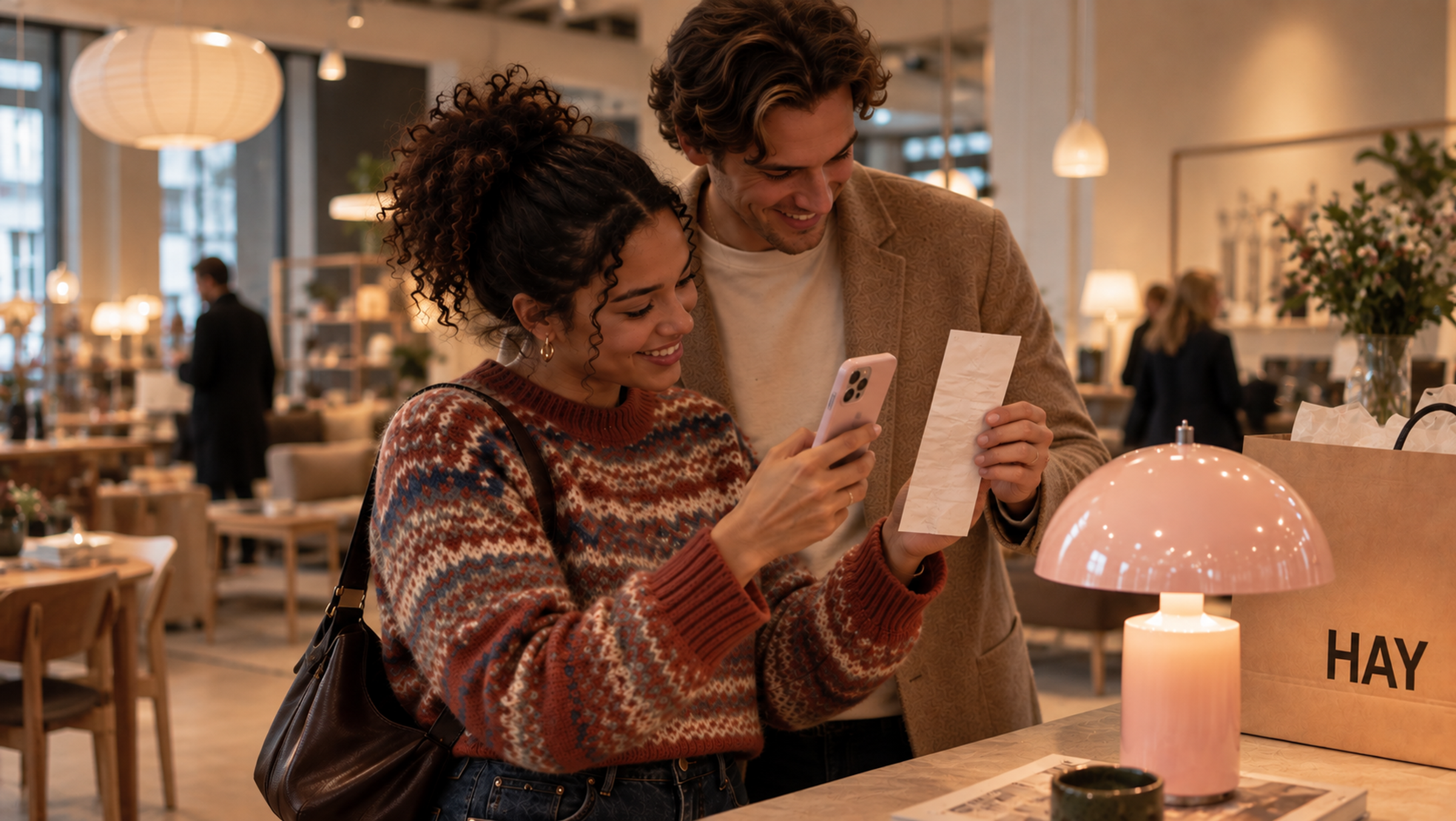 Kvinde tager et billede af kvitteringen med sin telefon i butikken