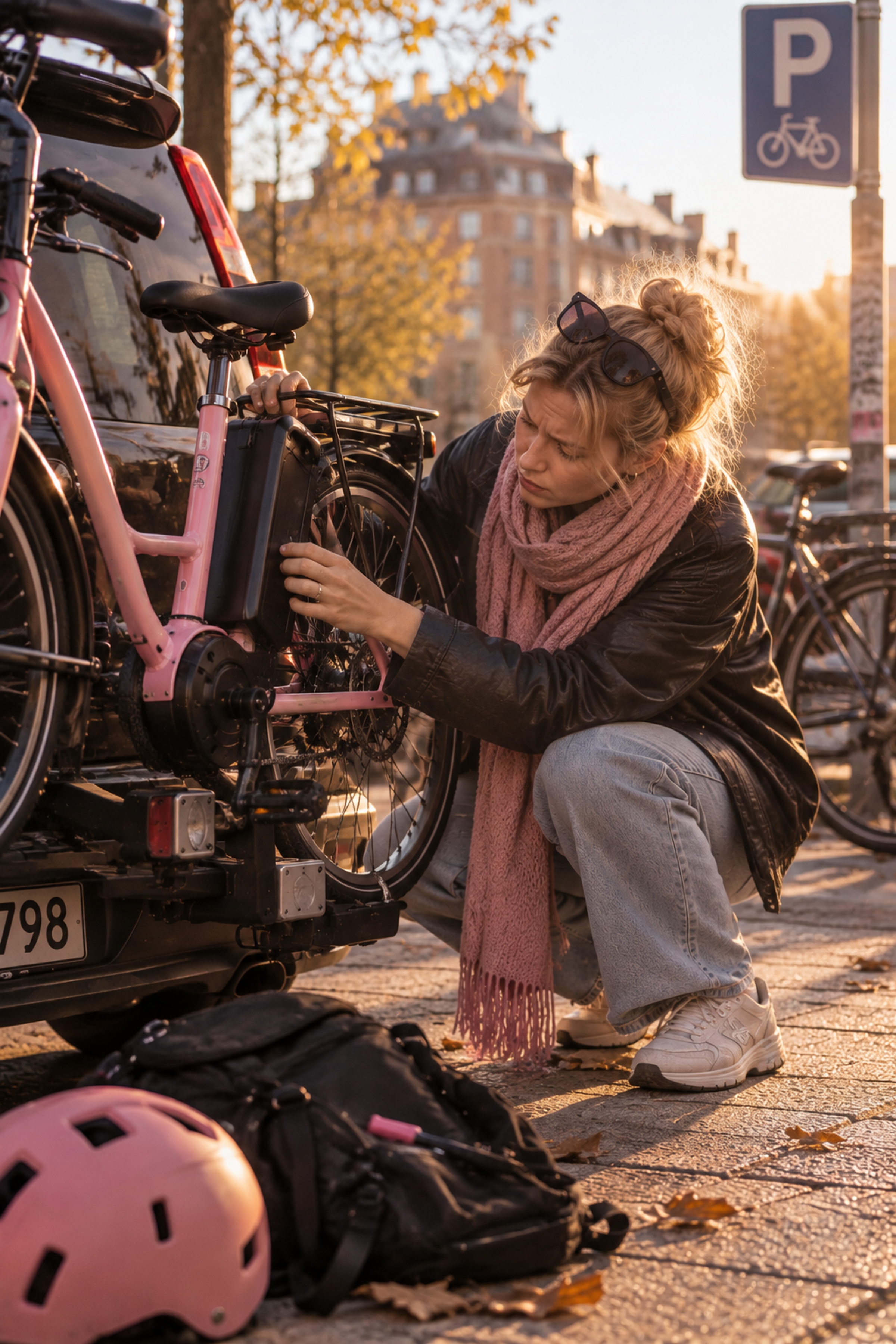 Kvinde med cykelhjelm på fortovet tjekker sin cykel efter et styrt
