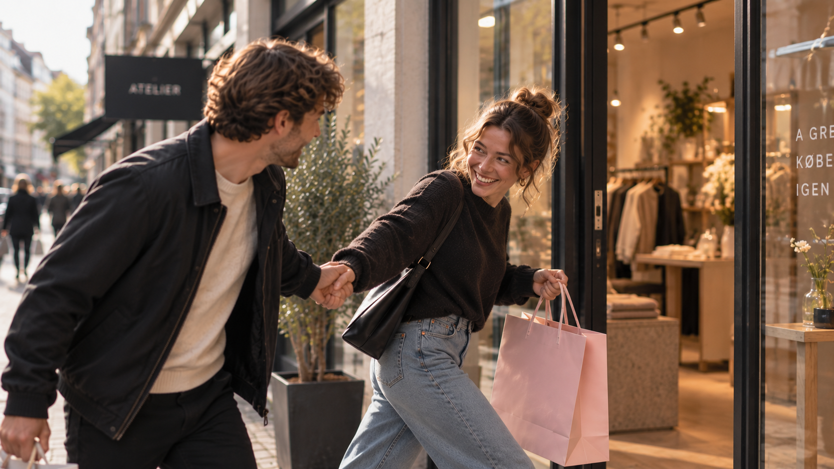 Par går hånd i hånd ud fra en butik med en pink pose