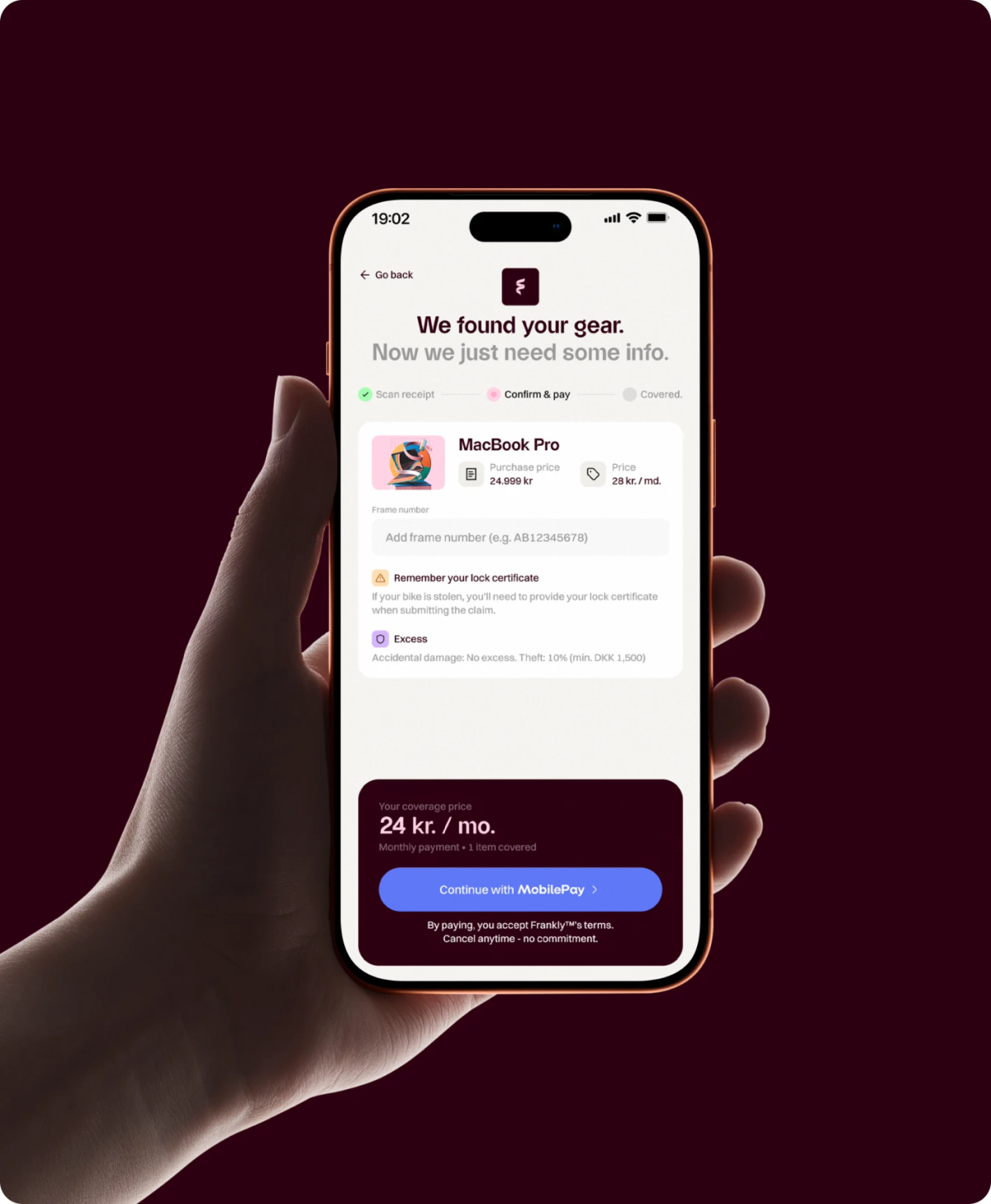 SnapSure på en telefon: produktet er genkendt, med månedlig pris