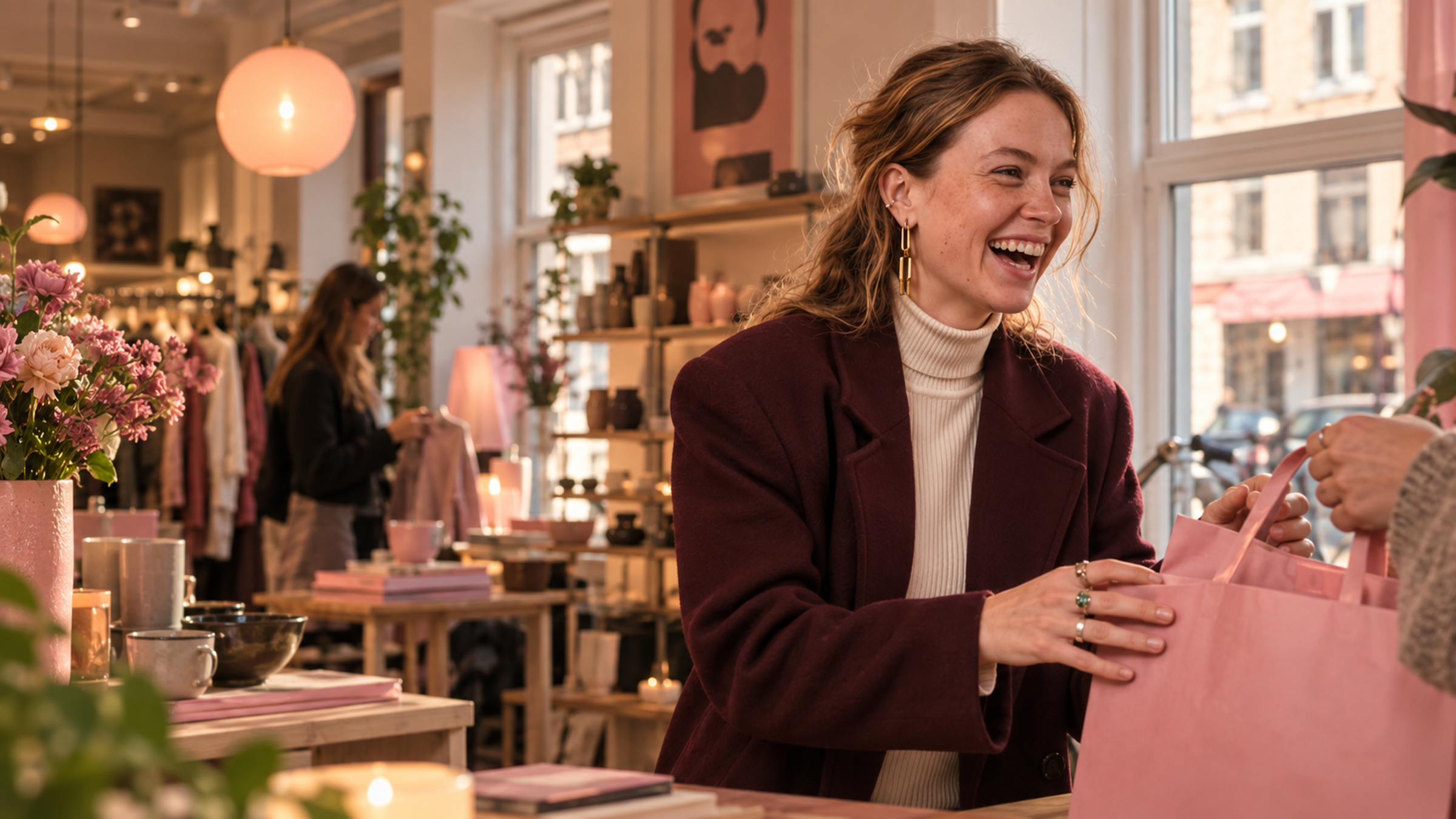 Kvinde får en pink pose over disken i en butik
