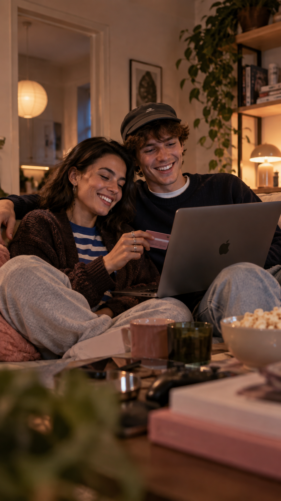 Par vælger en ny telefon online på laptoppen i sofaen