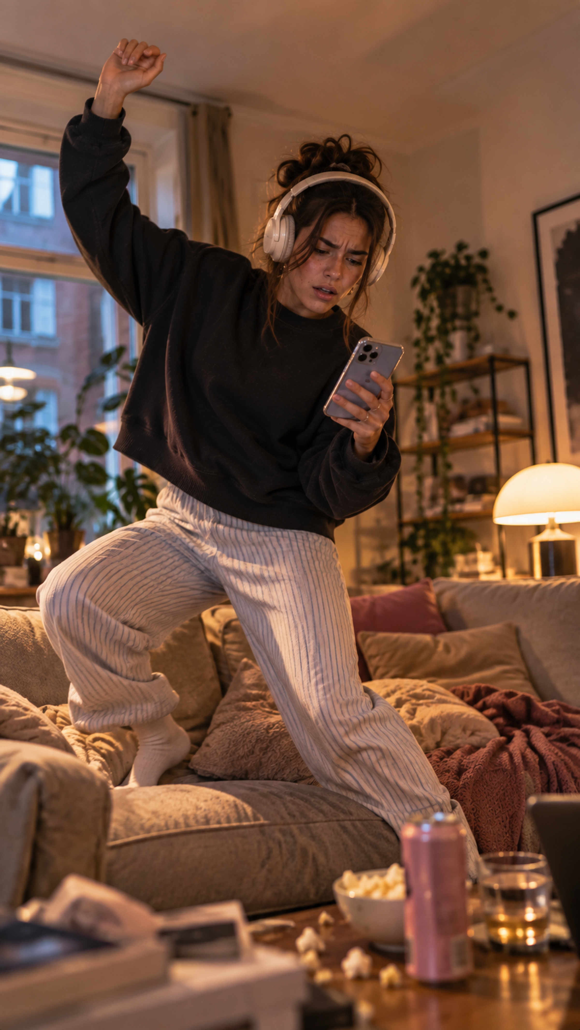 Kvinde står på sofaen og ser forskrækket på sin telefon