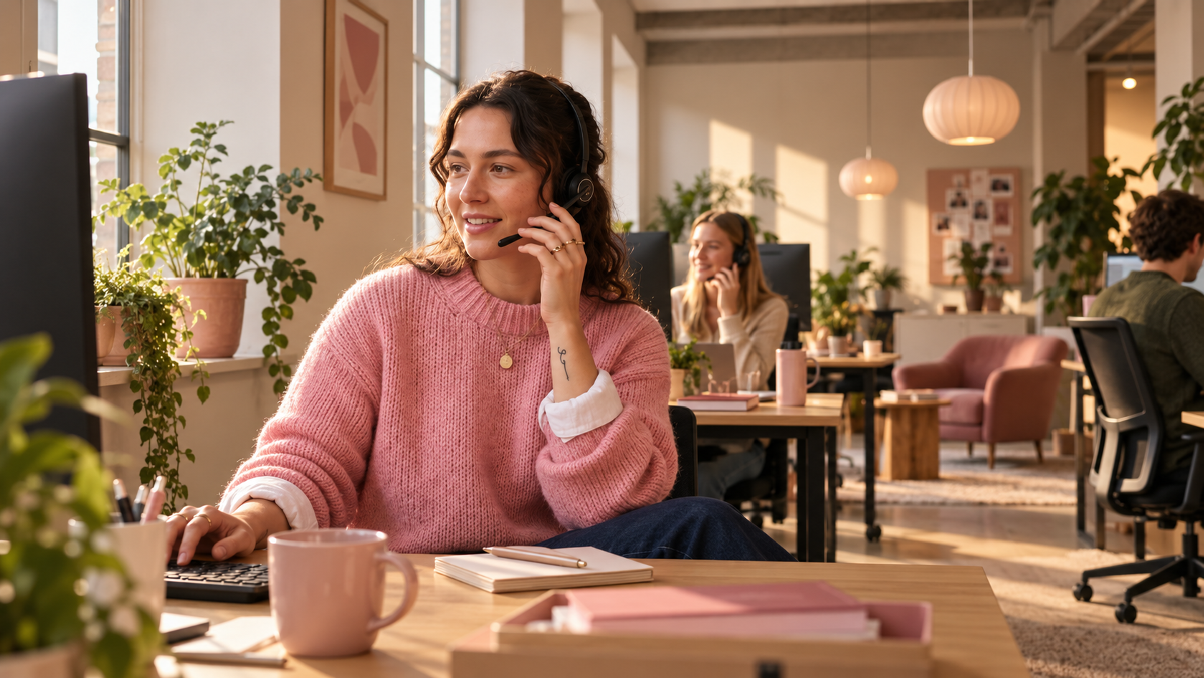 Medarbejder taler i telefon ved sit skrivebord på kontoret