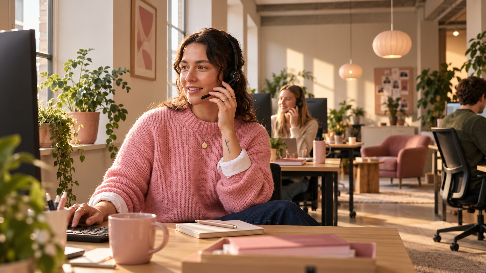 Medarbejder taler i telefon ved sit skrivebord på kontoret