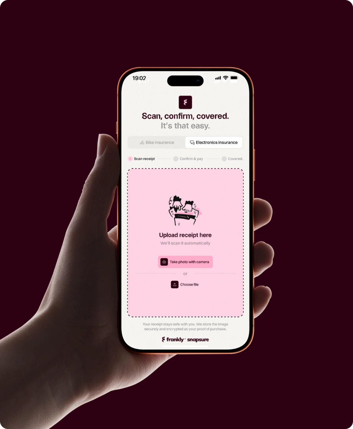 SnapSure på en telefon: upload din kvittering med kamera eller fil