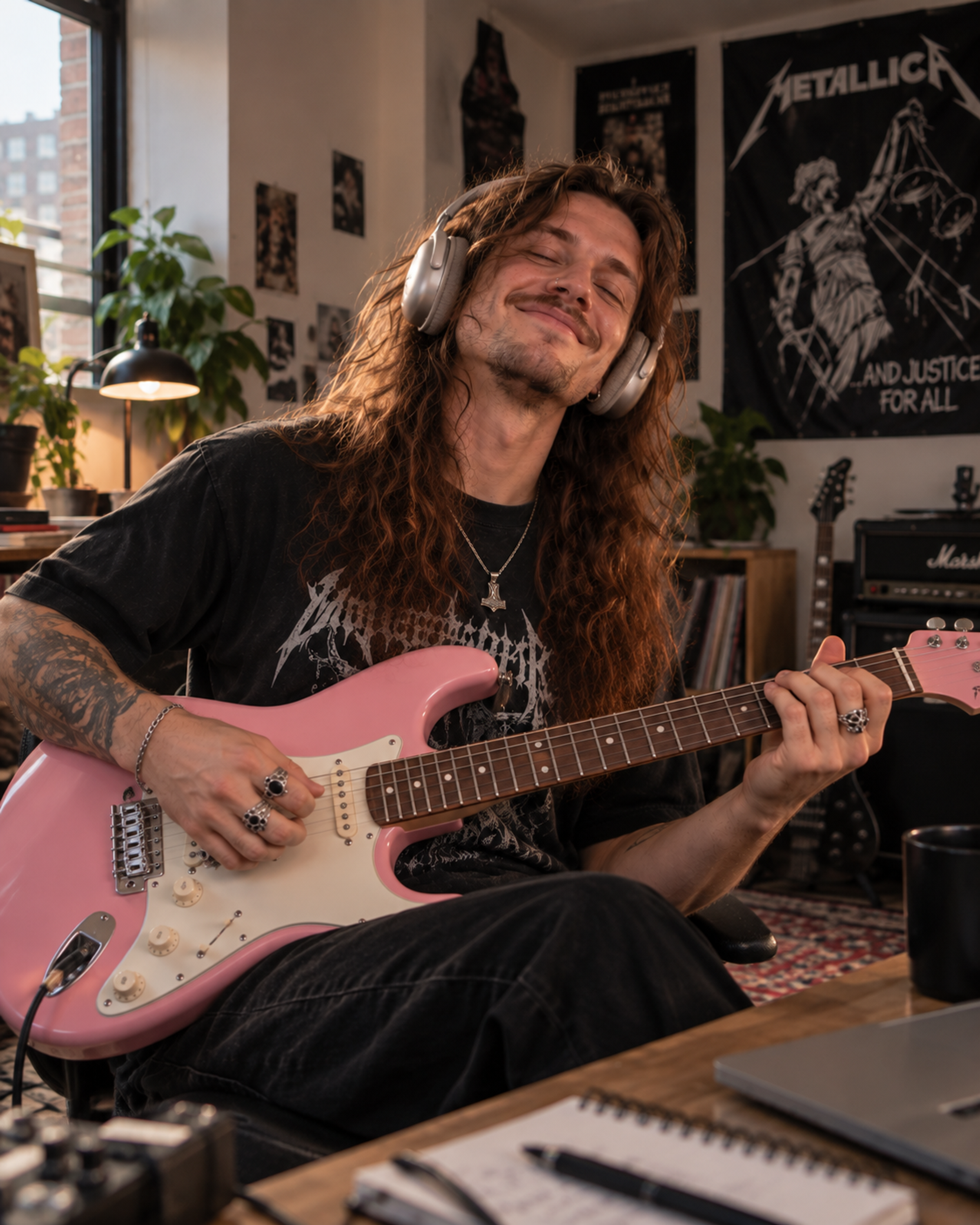 Mand spiller guitar med høretelefoner på