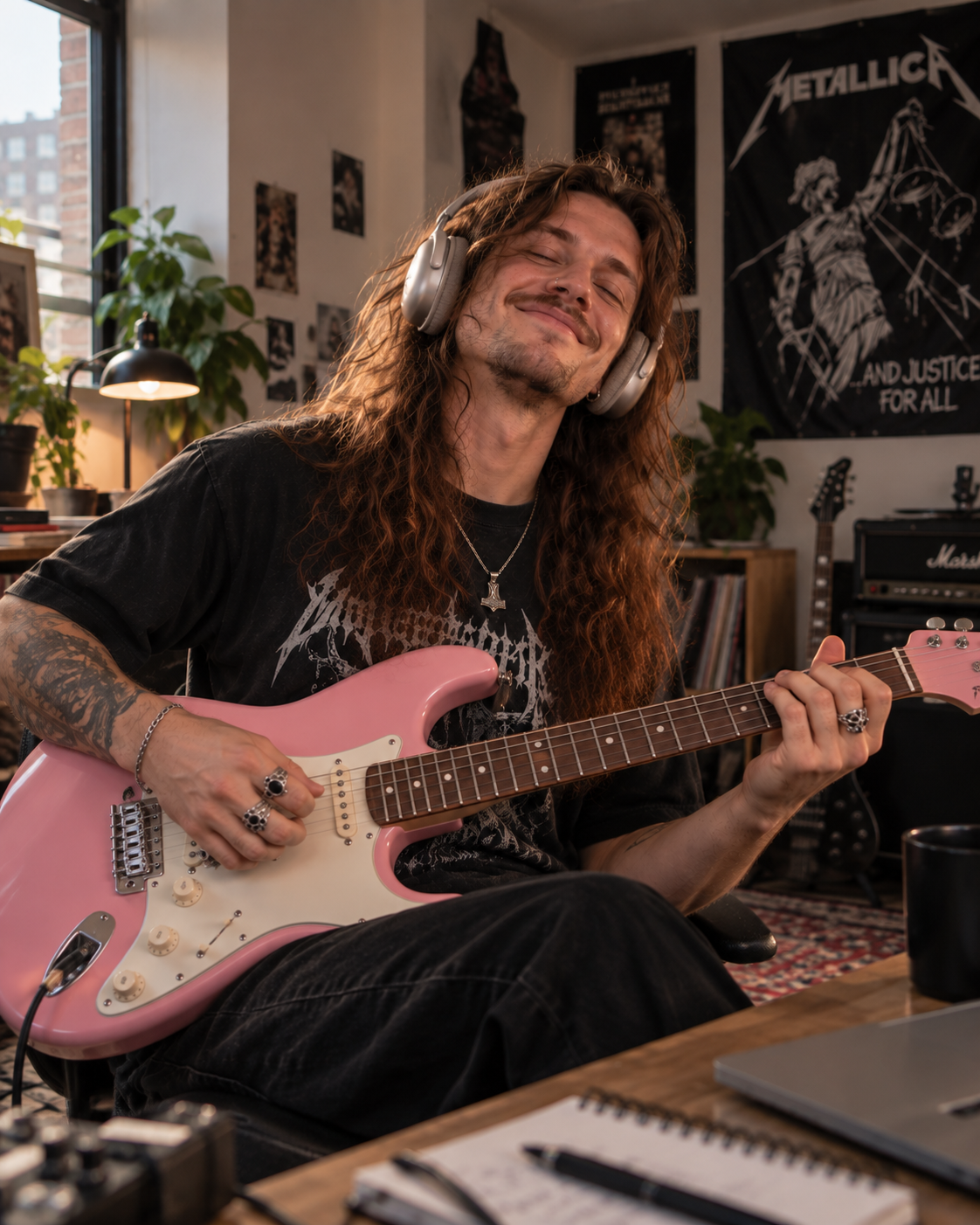 Mand spiller guitar med høretelefoner på