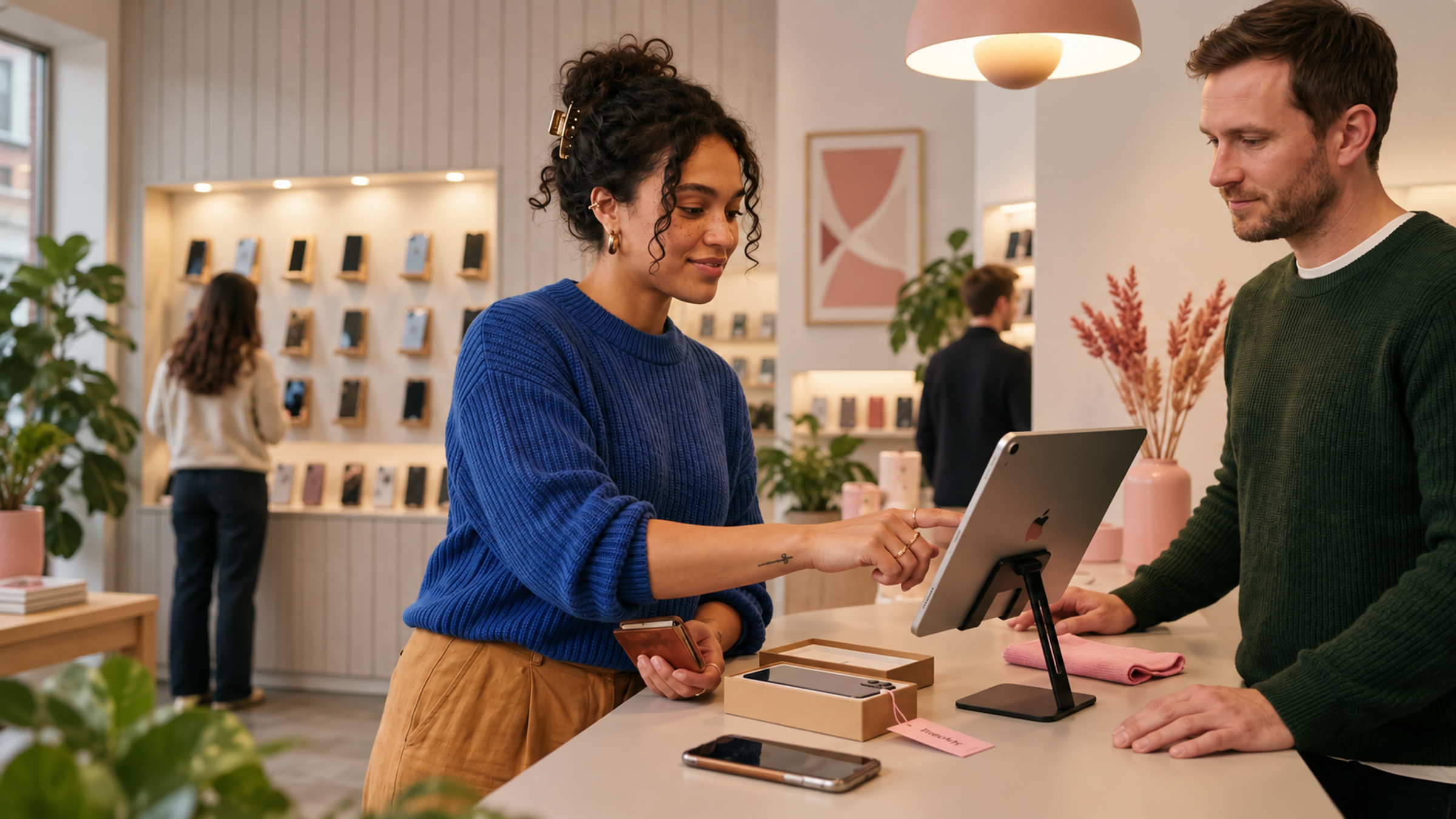 Ekspedient viser en tablet til en kunde ved skranken