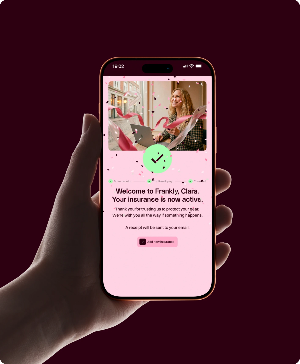 SnapSure på en telefon: dækningen er aktiv, med konfetti