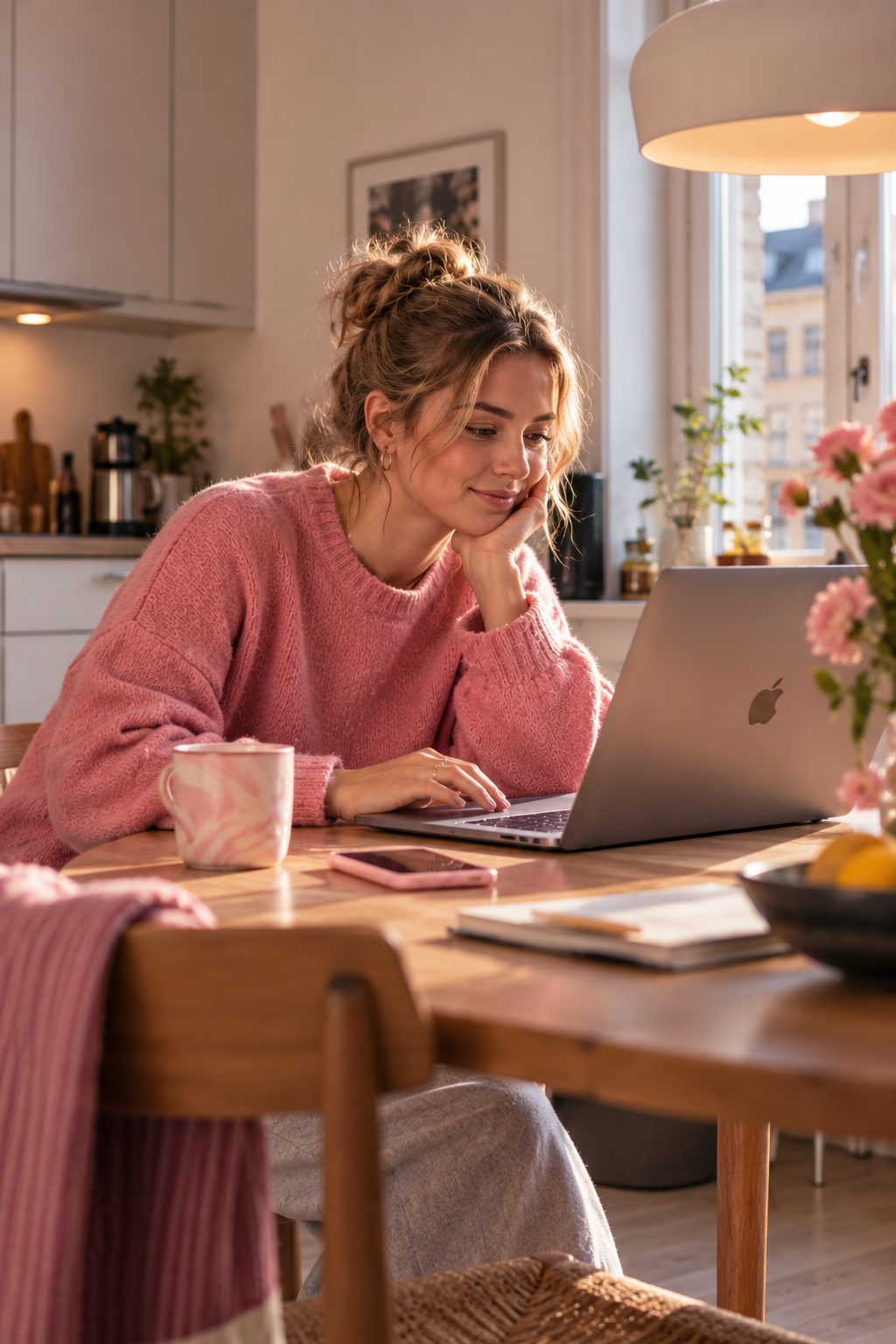 Kvinde kigger på cykler online på sin laptop ved spisebordet
