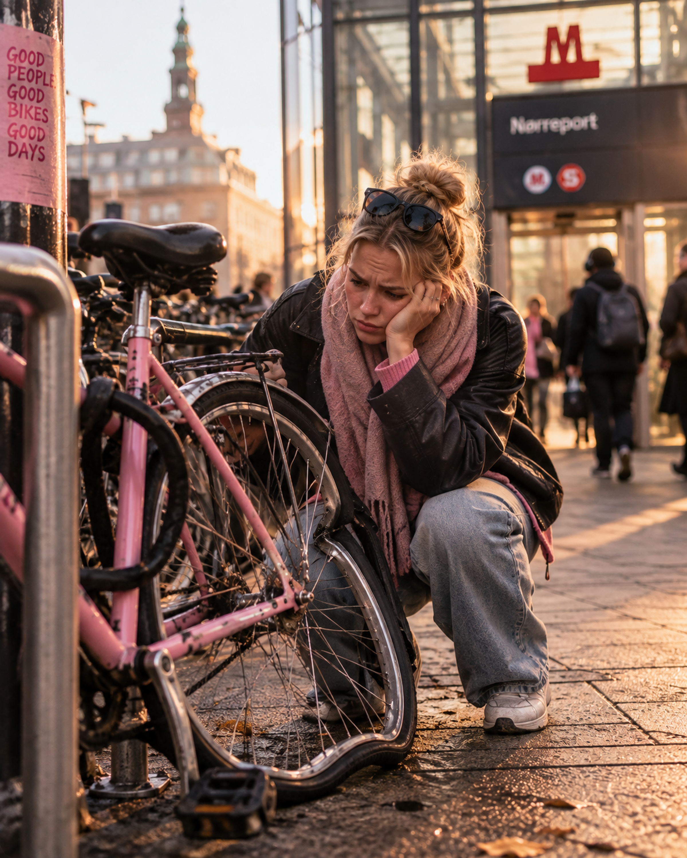Kvinde ser på sin cykel med bøjet forhjul i cykelstativ ved Nørreport Station