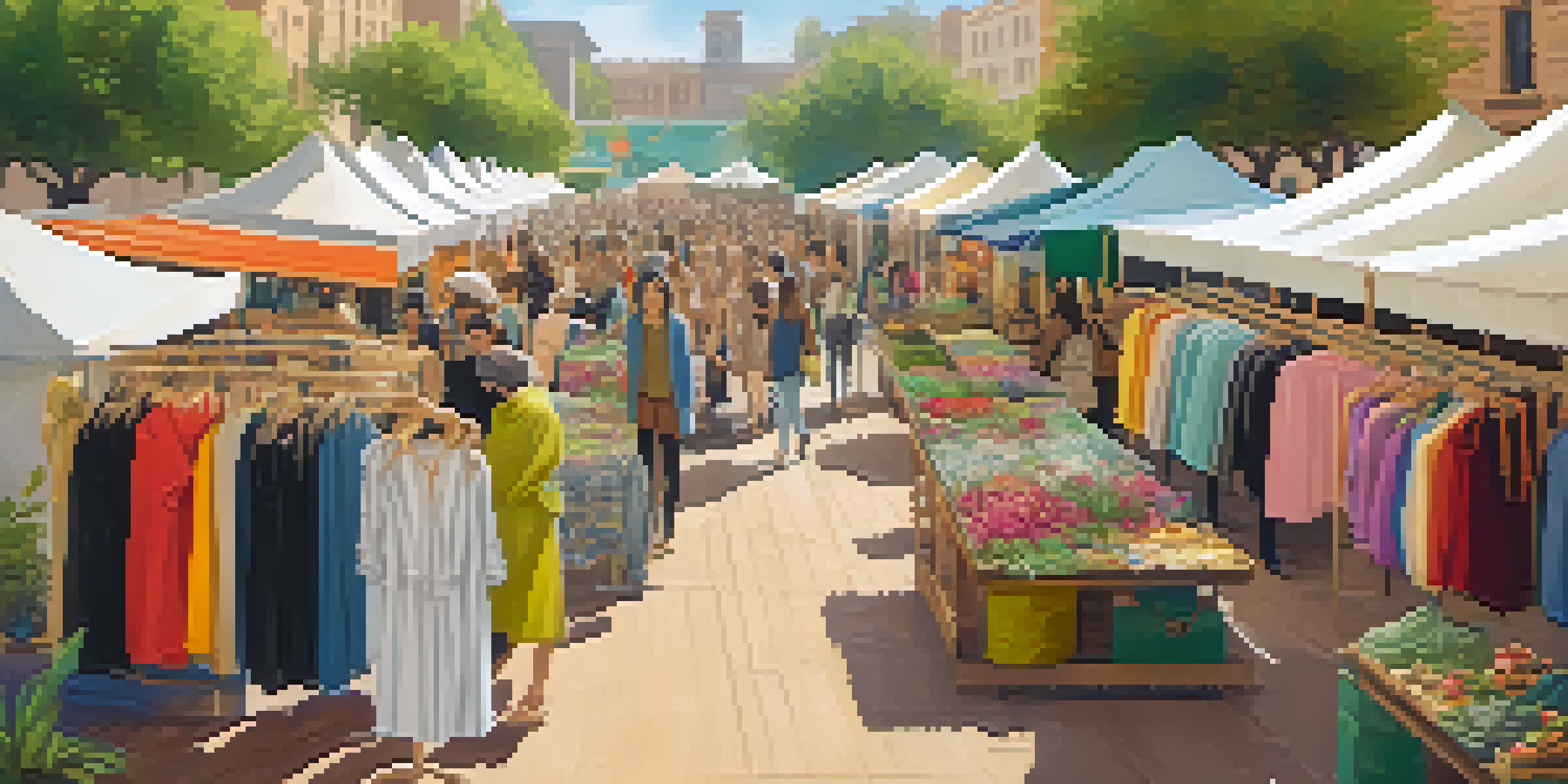 A colorful outdoor marketplace showcasing sustainable fashion with stalls filled with organic and recycled clothing, surrounded by greenery and diverse people.