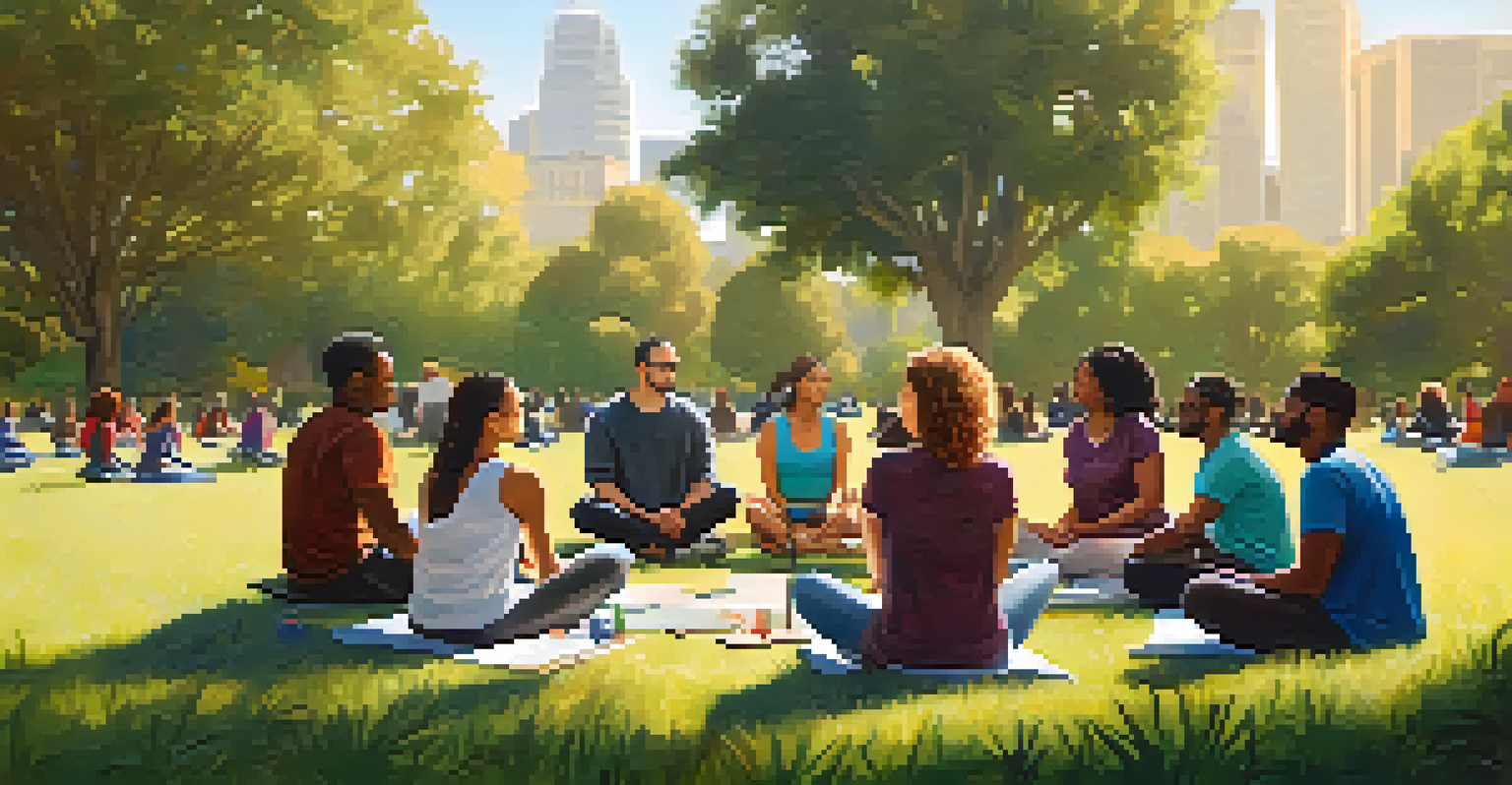 A diverse group practicing mindfulness in a sunny park, sitting in a circle on the grass.