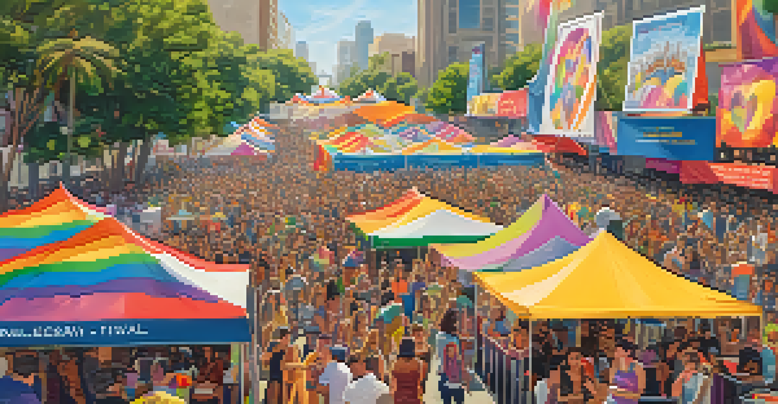 A vibrant festival scene at Los Angeles Pride with attendees engaging at booths, enjoying performances, and colorful decorations all around.