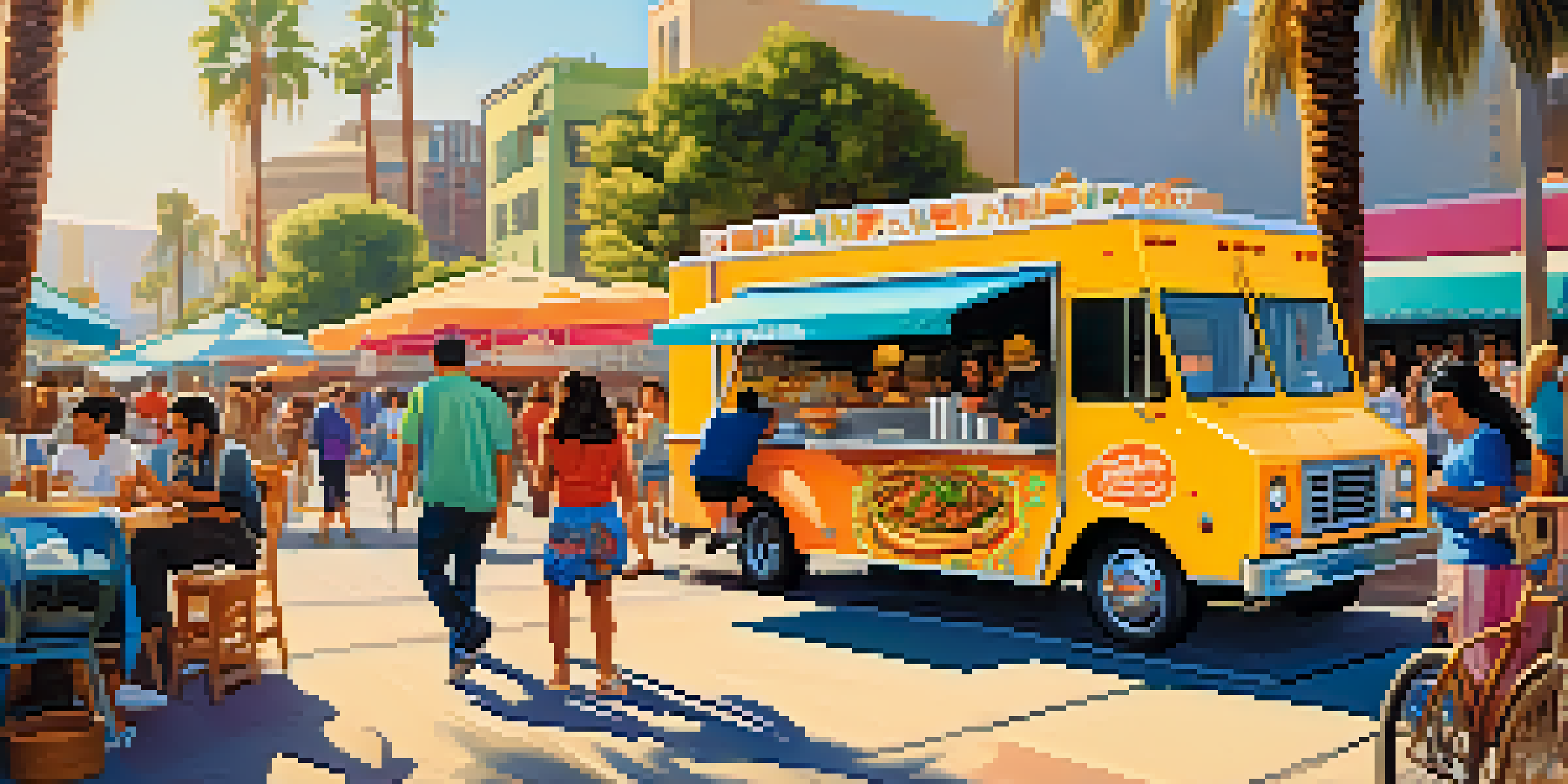 A busy Los Angeles street food scene with a colorful food truck serving tacos and diverse people enjoying their meals under palm trees.